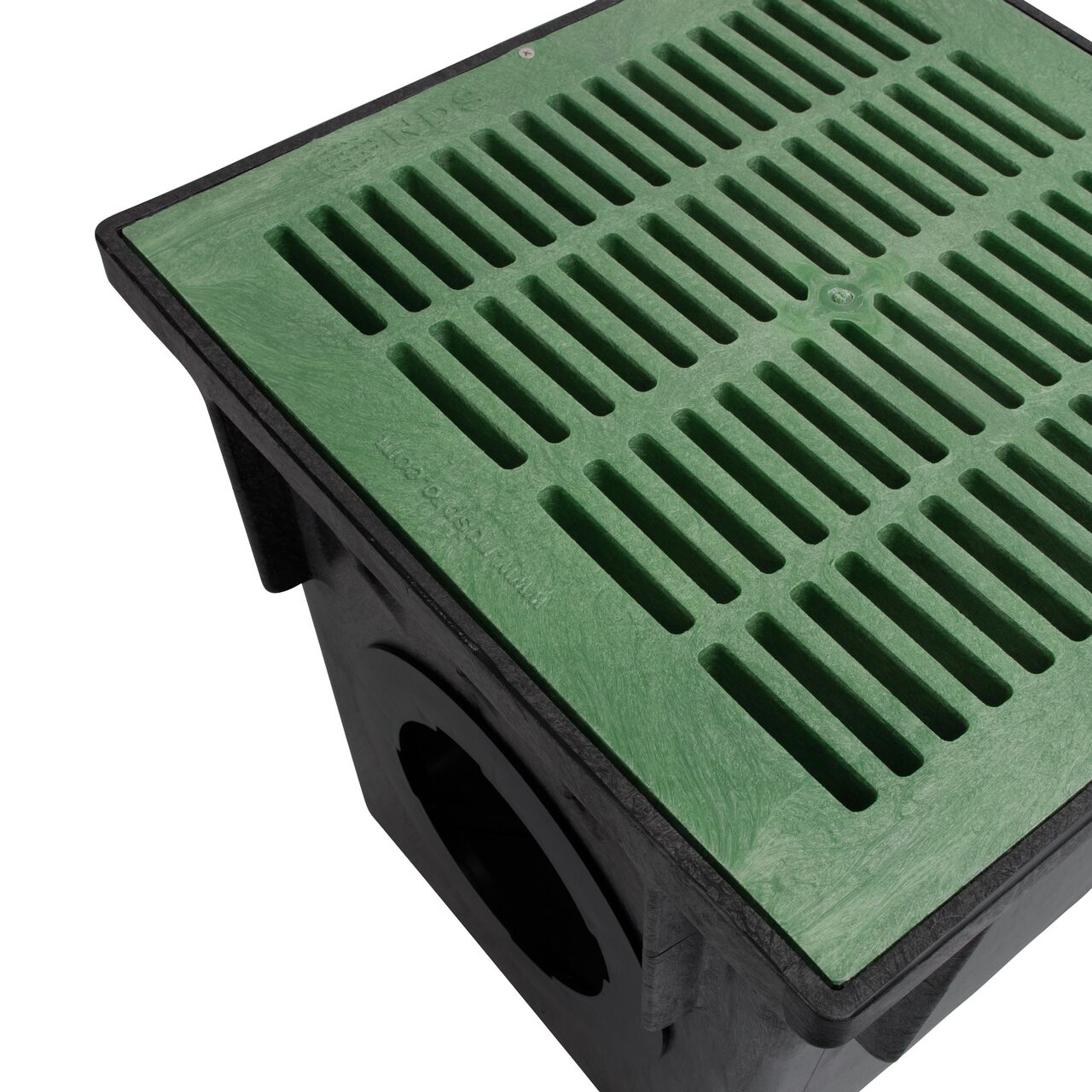 Closeup of the 18 in. Square Catch Basin Drain Grate, Green Plastic on the 18 in. Square Catch Basin (NDS 1882)