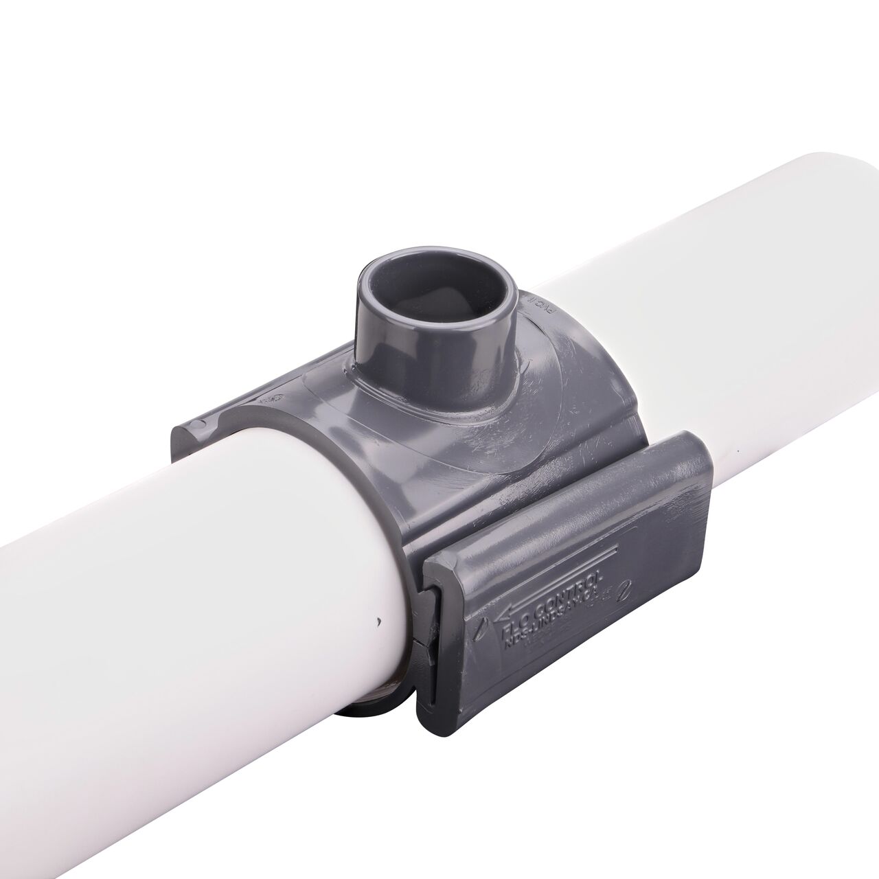 The NDS Clamp-It™ Rigid PVC Saddle with 1-1/2 in. slip connection on top (NDS 454015) installed onto 4 in. PVC pipe with the wedge closure fully secure