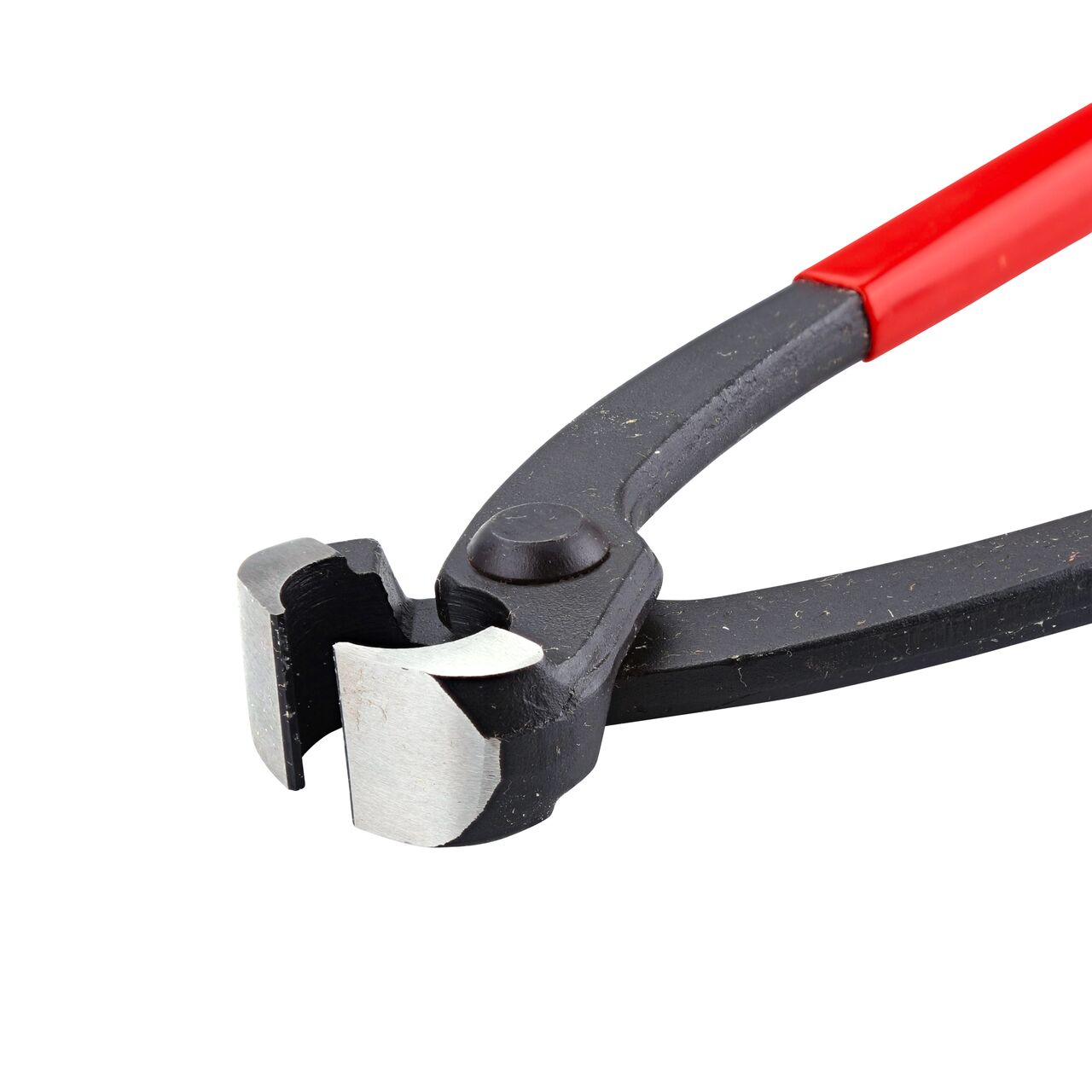 Closeup view of the NDS Jaw Pinch Clamp Tool (NDS NCT-1098) curved metal pincers in the open position that grasp the clamp ear and compresses when handles are squeezed.
