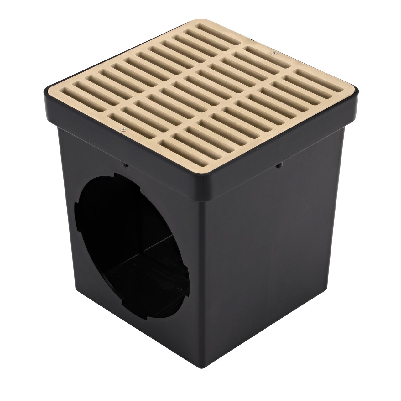 9 in. Sand plastic grate (NDS 999S) installed on a black plastic 9 in. Catch Basin Drain with 2 Openings (NDS 900*); retail