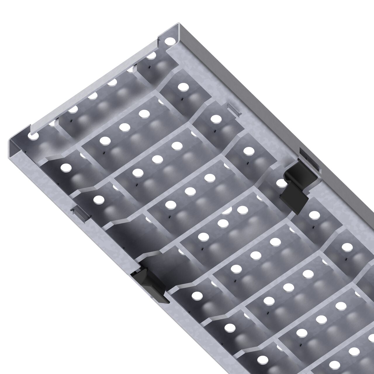 Underside of the class C perforated design galvanized steel BG-FILCOTEN® 100 Trench Drain Grate (NDS 17010229) showing part number, support legs, and secure clips
