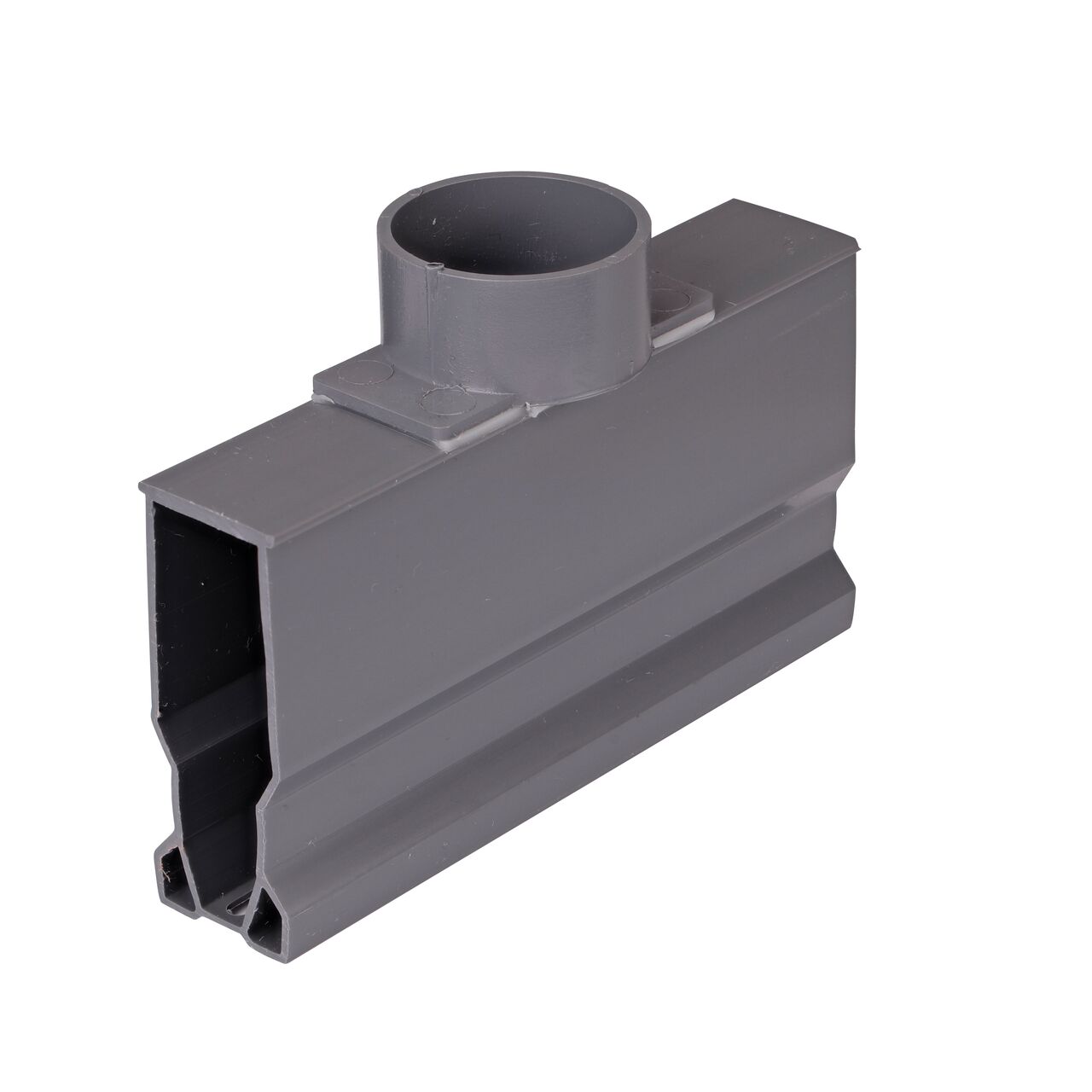 Bottom view of the Micro Channel™ Drain with Bottom Outlet, Gray Plastic (NDS 8503) showing bottom outlet