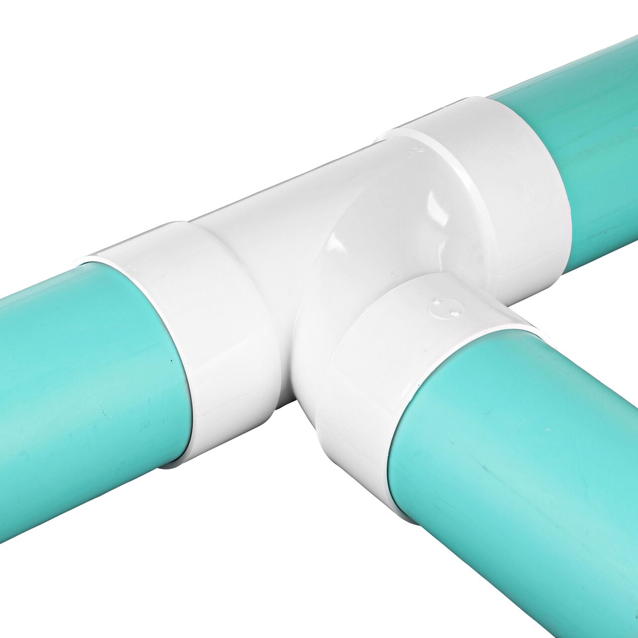 Alternate view of PVC sanitary tee for 6 in. Sewer and Drain pipes, Hub X Hub X Hub connection (NDS 6P09) with 6 in. S&D pipes installed to all openings.