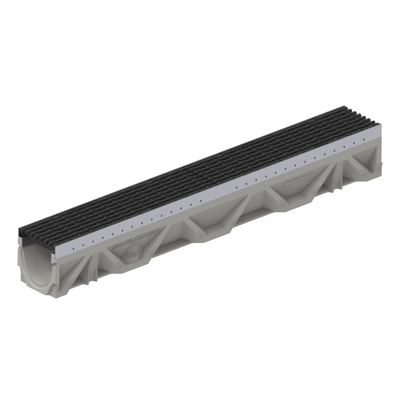 Two class D bar design ductile iron BG-FILCOTEN® 100 Trench Drain Grate (NDS 17010110) installed on one BG-FILCOTEN® 100 Trench Channel Drain with female end showing