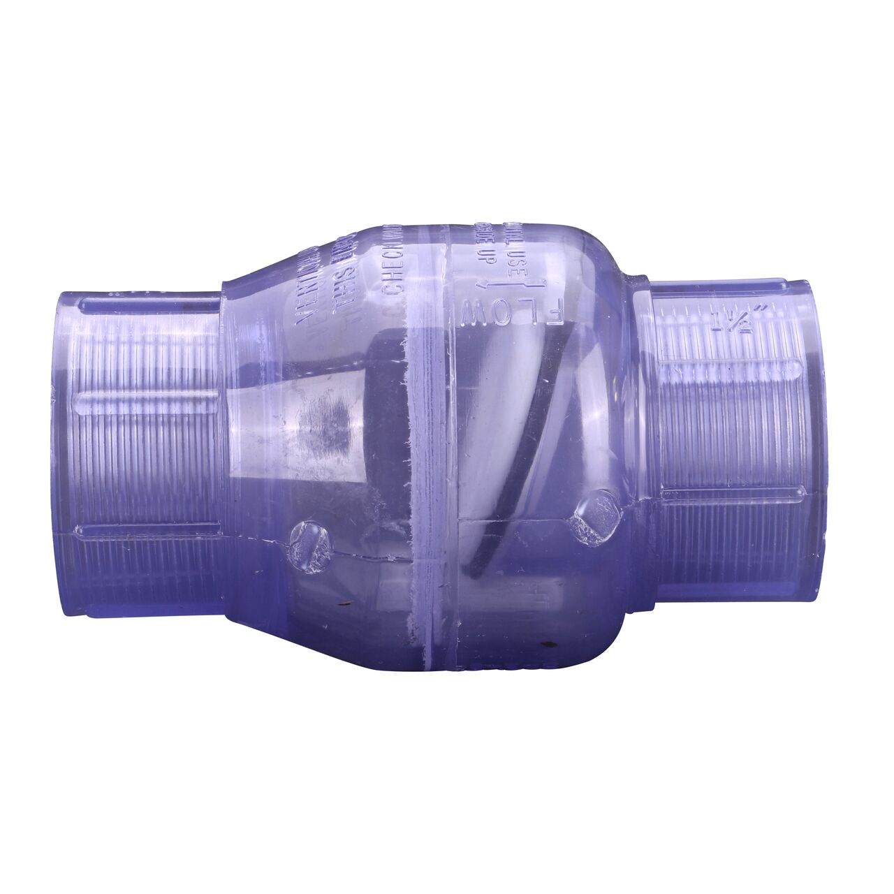 Side to side view of the NDS Clear 1-1/2 in. female end by female end PVC Swing Check Valve (NDS 1520C15F) which prevents backflow in pipelines