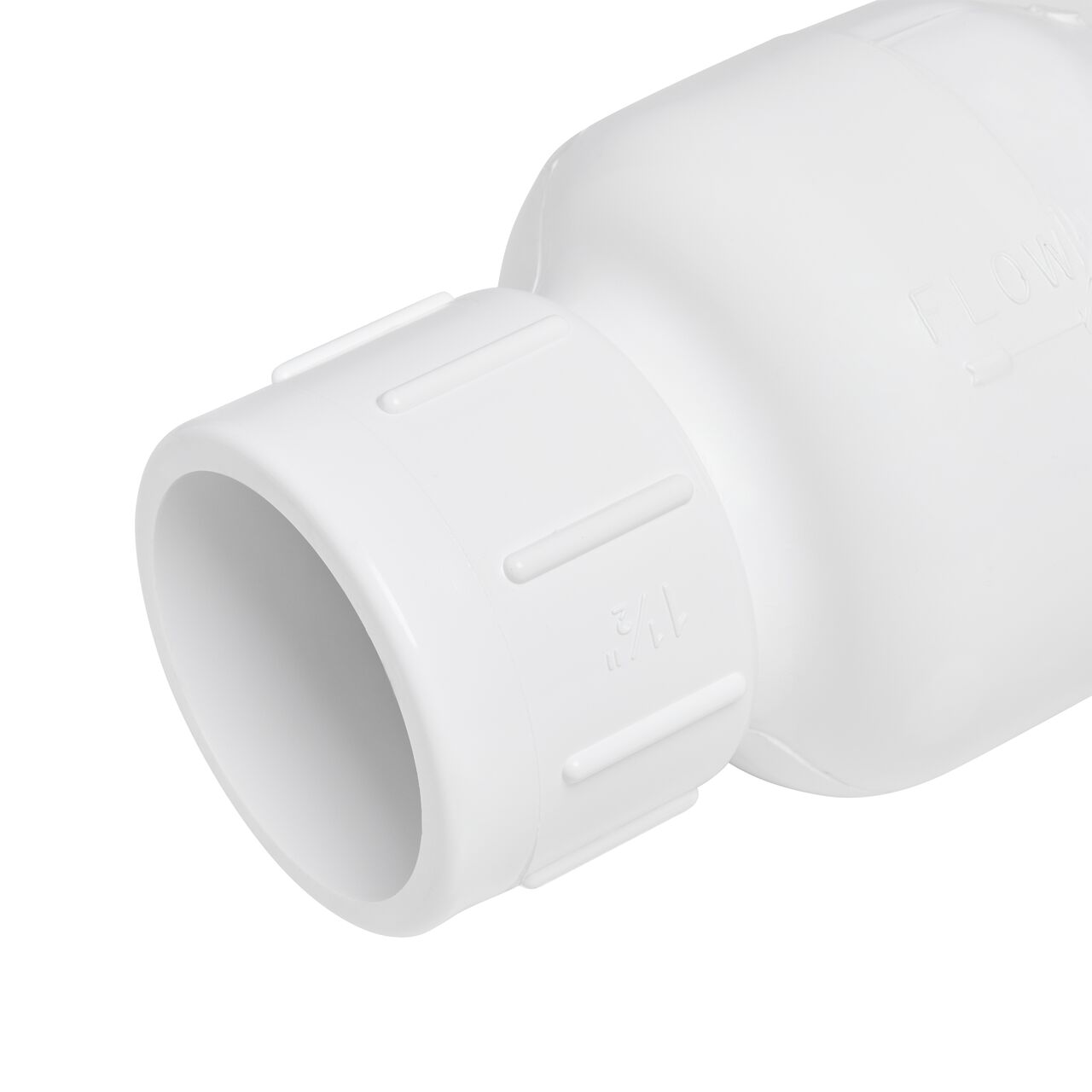 Closeup of the inlet on the NDS White 1-1/2 in. IPS Slip by Slip end PVC Adjustable Spring Check Valve with 30 lb. Spring (NDS 1228V15)