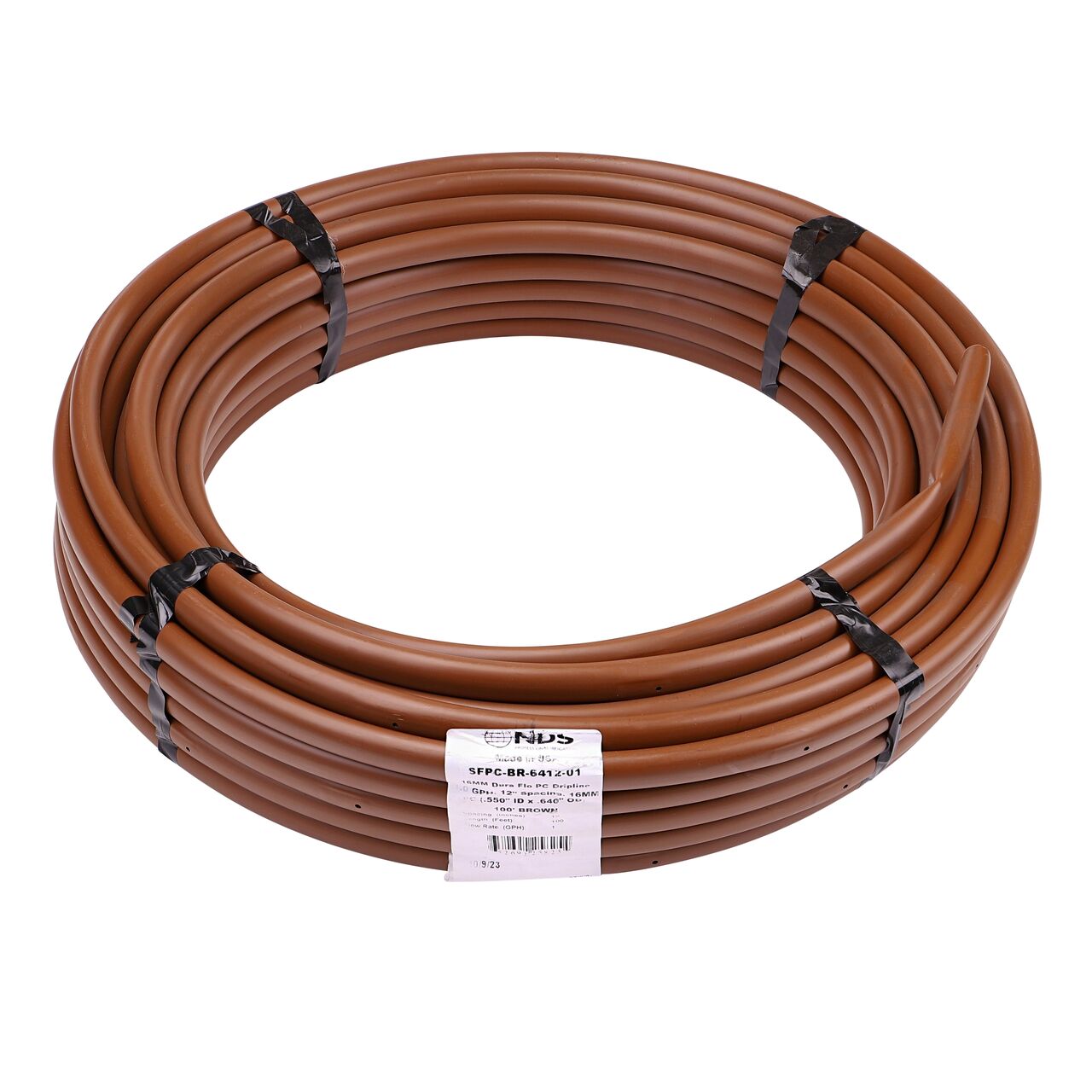 NDS 500 ft. Brown Tubing with 1.0 GPH Pressure Compensating Emitters with 12 in. Spacing (NDS SFPC-BL-6418-05) comes coiled, taped and labeled