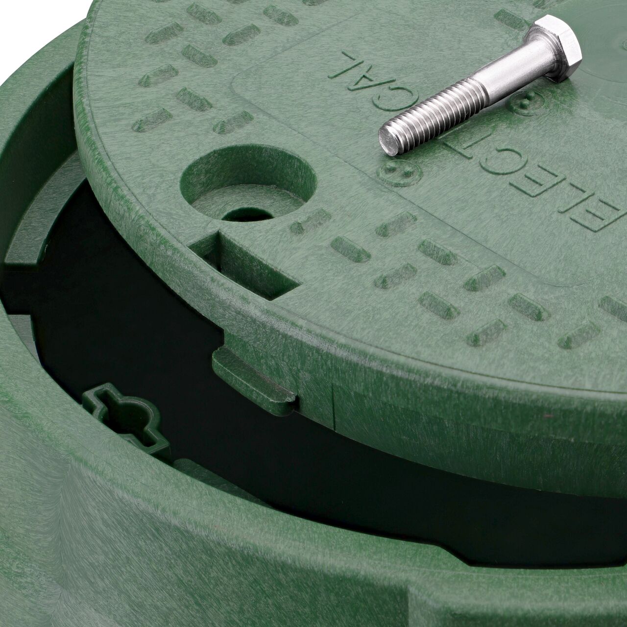 Align the bolt hole on the lid with the bolt hole from the NDS 10 in. Round Standard Series Green Box and Green Electrical Cover (NDS 112BCE) for a secure fit