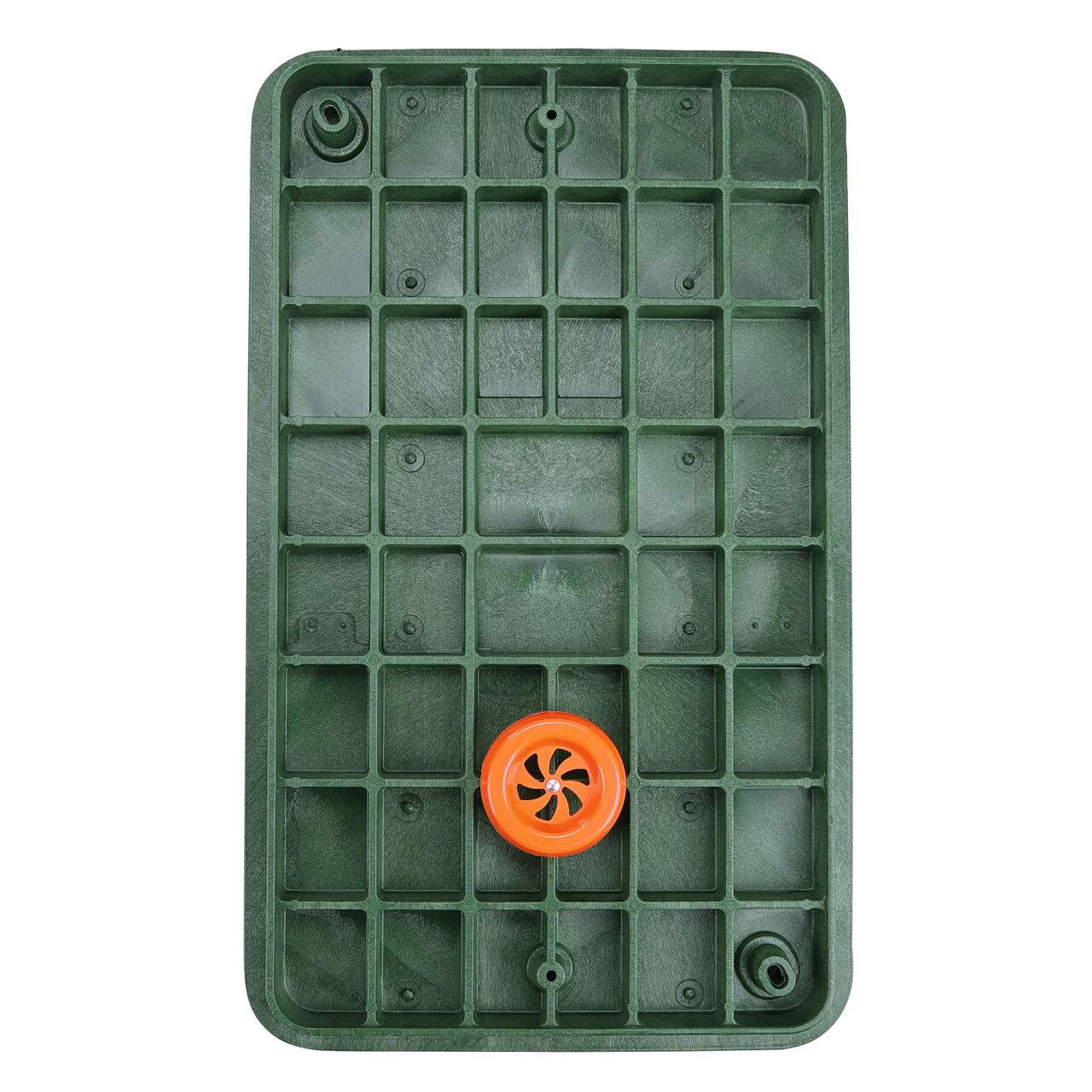 Top down view of the underside side of the Green Telecom cover (NDS 326BCBT-BG-M) for the NDS 17 in. X 30 in. Rectangular Pro-Spec® Series Telecom box, showing reinforcing ribs that are load rated and an electronic marker disc (frequency 101.4 kHz) to locate boxes buried underground when using a marker locator