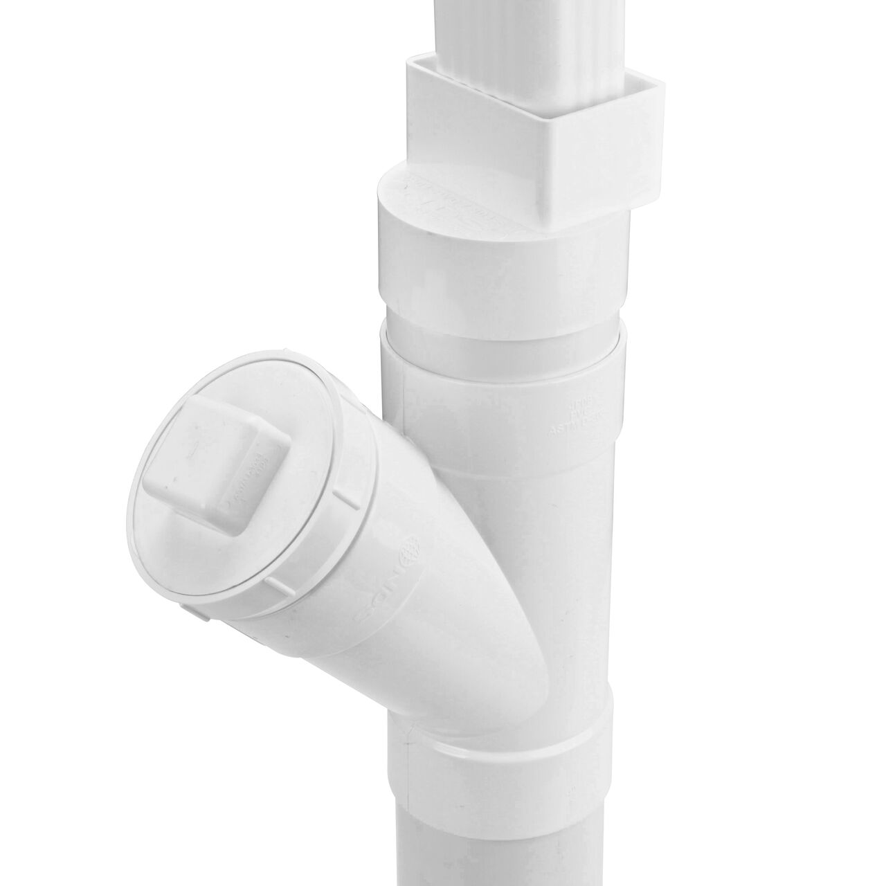 Assembled downspout assembly with the NDS 2X3 in. Downspout to 4 in. S&D Hub downspout adapter (NDS 9P04) installed with a 2X3 downspout, 4 in. S&D pipe, NDS 4 in. 45 degree Wye (NDS 4P08) with a NDS 4 in. Female Fitting Cleanout Adapter (NDS 413P) and a NDS 4 in. MPT Cleanout Plug (NDS 41P8) installed on the third hub, and an additional 4 in. S&D pipe at the bottom hub