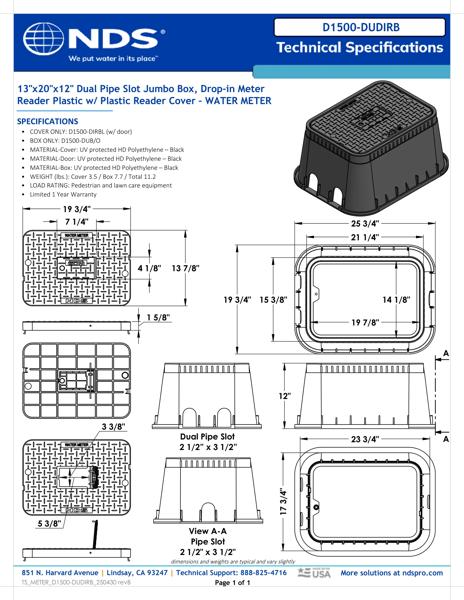 NDS 13 in. X 20 in. Rectangular D1500 Meter Box with Dual Pipe Slot and Drop-in Cover, 12 in. Height, Black Box, Black Water Meter Cover with Plastic Reader Tech Spec