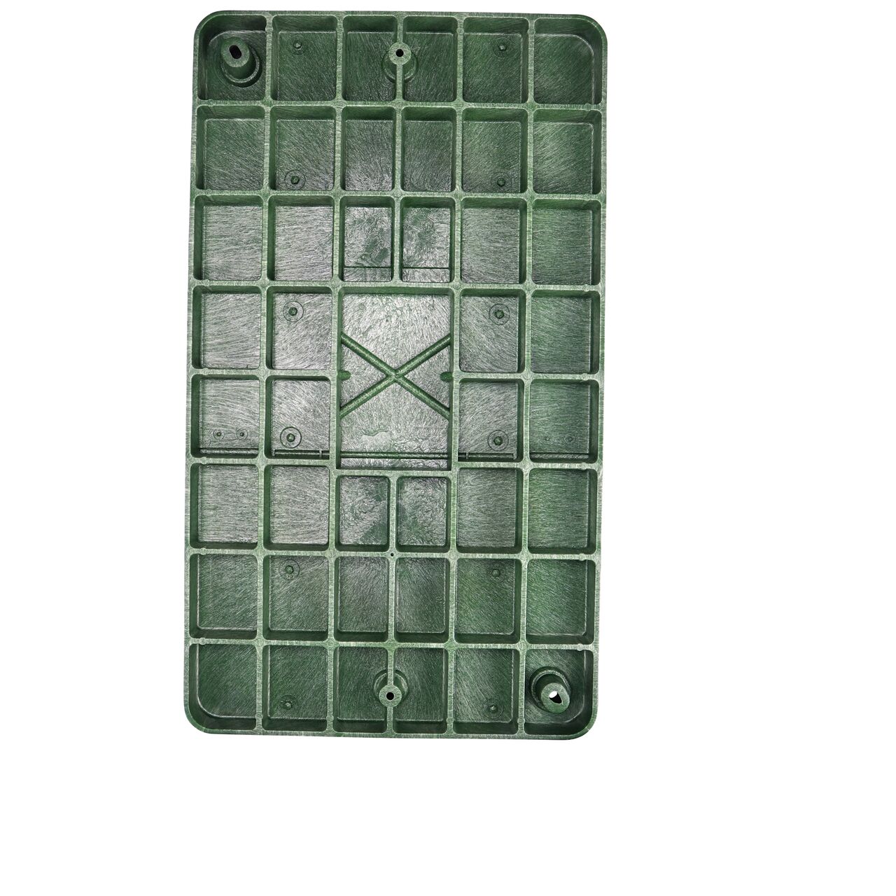 Top down view of the underside side of the Green Irrigation Control Valve cover (NDS 324BCDB) for the NDS 17 in. X 30 in. Rectangular Pro-Spec® Series valve box, showing reinforcing ribs that are load rated to withstand pedestrian traffic and the rigors of lawn care equipment