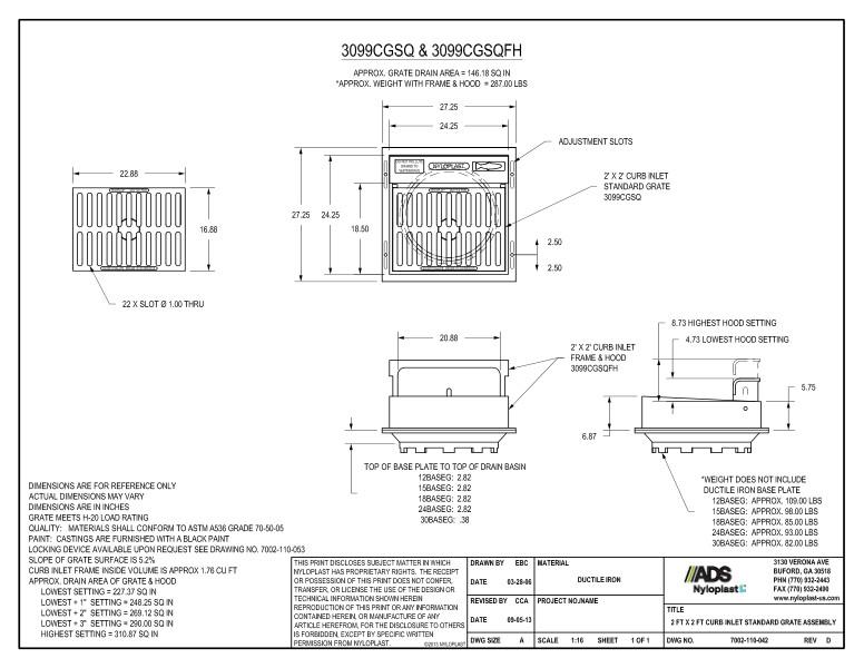 2' x 2' Curb Inlet Standard Grate Assembly Nyloplast Detail