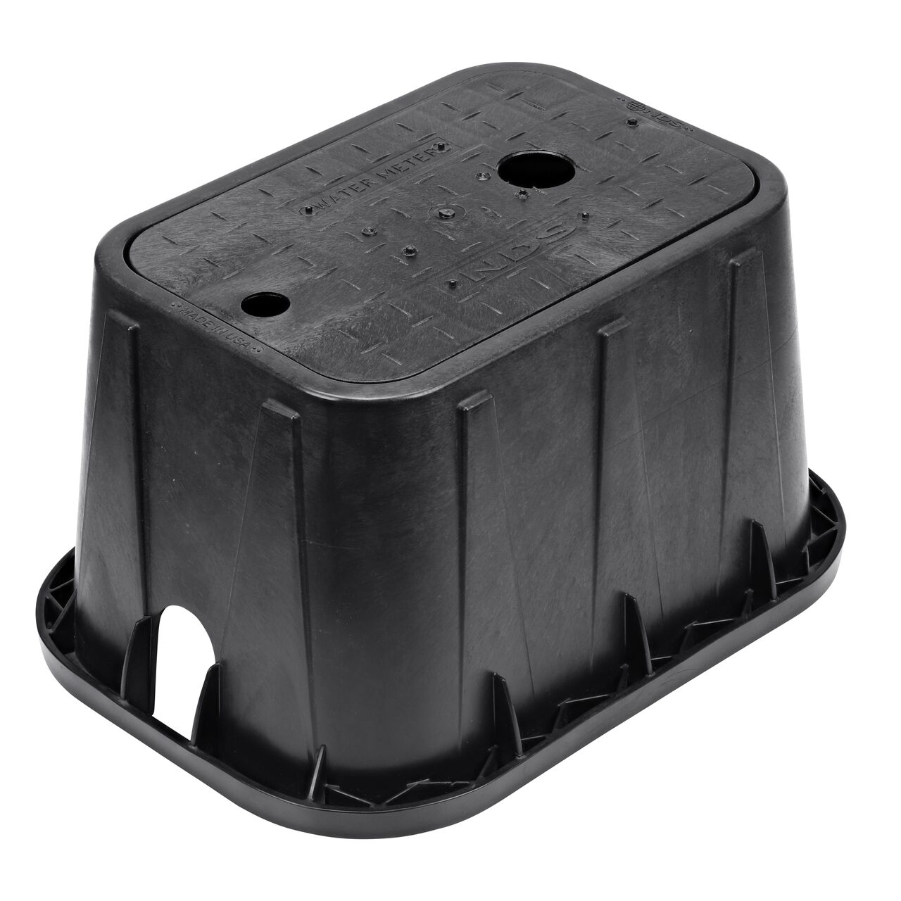 The NDS 14 in. X 19 in. Rectangular Standard Series Meter Box and Cover is a 12 in. high Black Box and Black Cover with Water Meter markings on the Drop-In AMR lid (NDS D1200-DITR) with a 2 in. Touch reader hole door and protects underground irrigation and sprinkler system components and keeps them out of sight