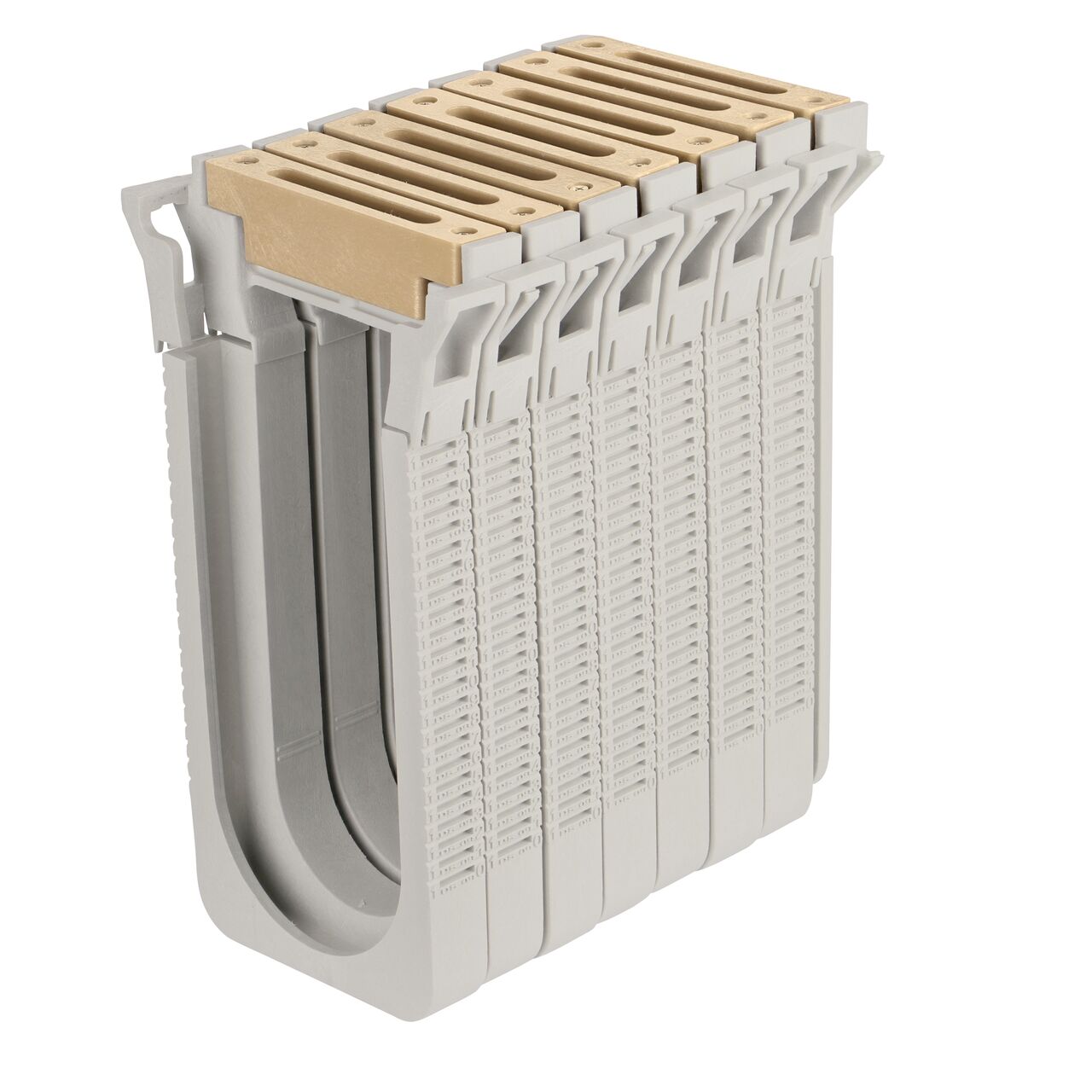 Seven Sand Slotted Plastic Dura Slope™ Channel Drain EZ-Track™ Radius Coupling Grates (NDS DS-664MG) installed on seven Dura Slope EZ-Track Radius Couplings (NDS DSRC) with no bend