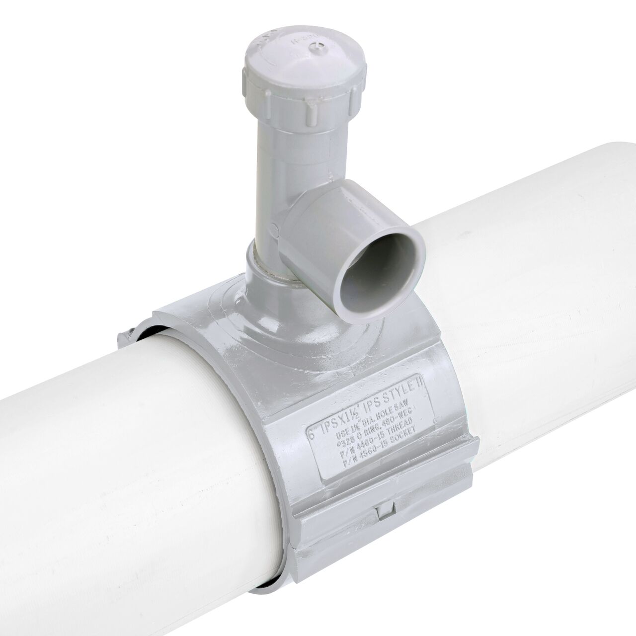 Alternate angle of the 6 in. NDS Flo-Tap™ Rigid PVC saddle with 1-1/2 in. socket or 2 in. spigot connection on top (NDS 3260) which is made of corrosion-proof material and no bolts, washers, or nuts needed to install which means no rust