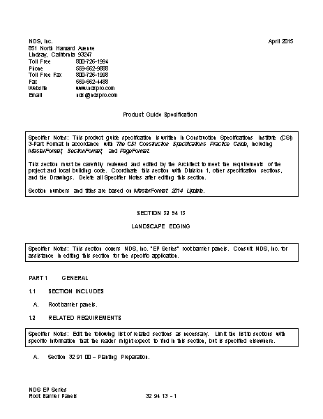 NDS Root Barrier Panels EP Series Landscape Barrier Expanded Written Spec