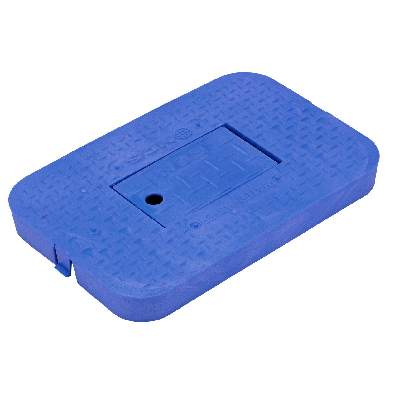 This NDS 14 in. X 19 in. Rectangular Standard Series Meter Box Cover is a Blue Drop-In Cover with Water Meter markings on the lid (NDS D1200-DIBLRDL) with a Plastic reader door and fits NDS standard series 14 in. X 19 in. meter boxes