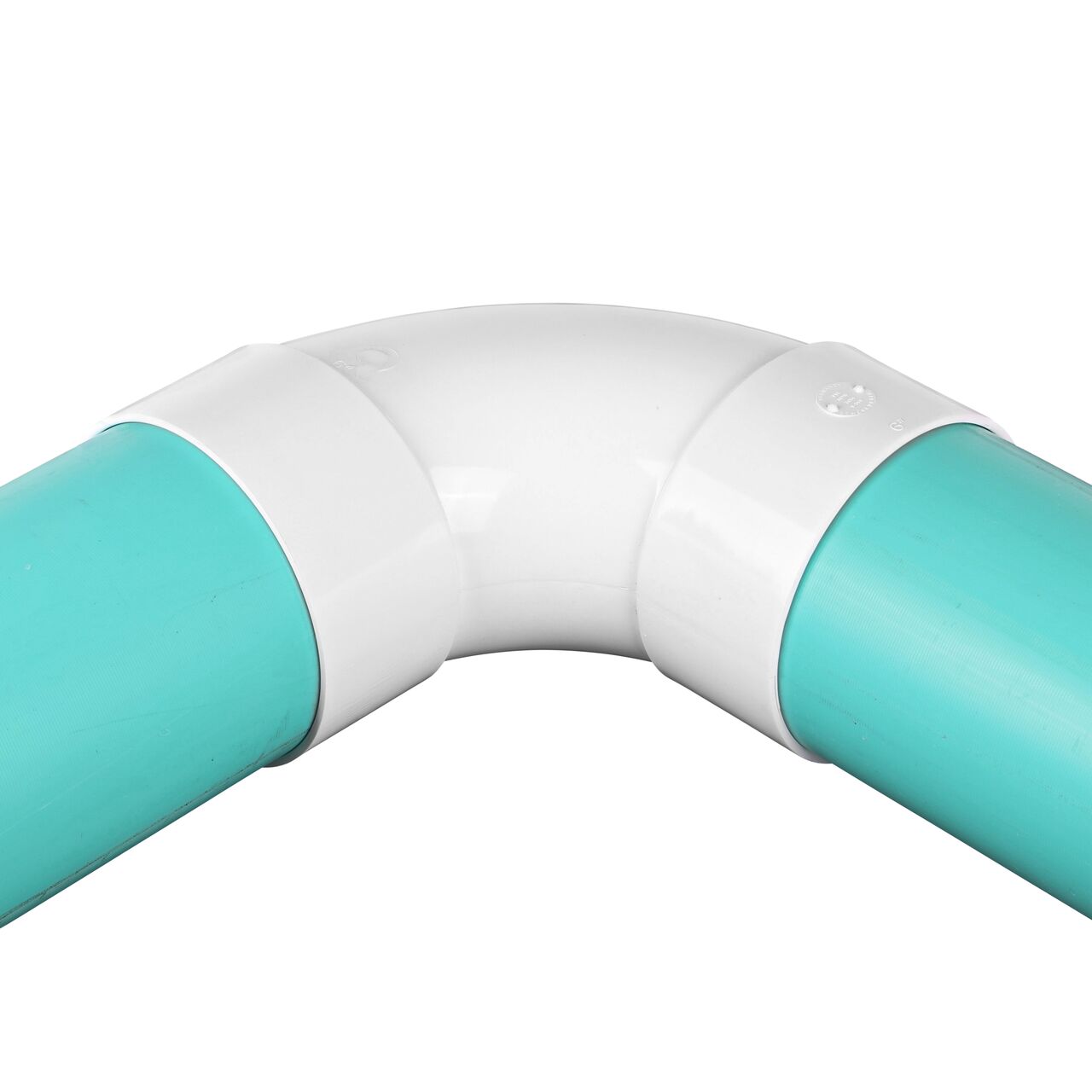 Alternate View of PVC 90° long-turn elbow connected to 6 in. Sewer and Drain pipes, Hub X Hub connection (NDS 61P0)