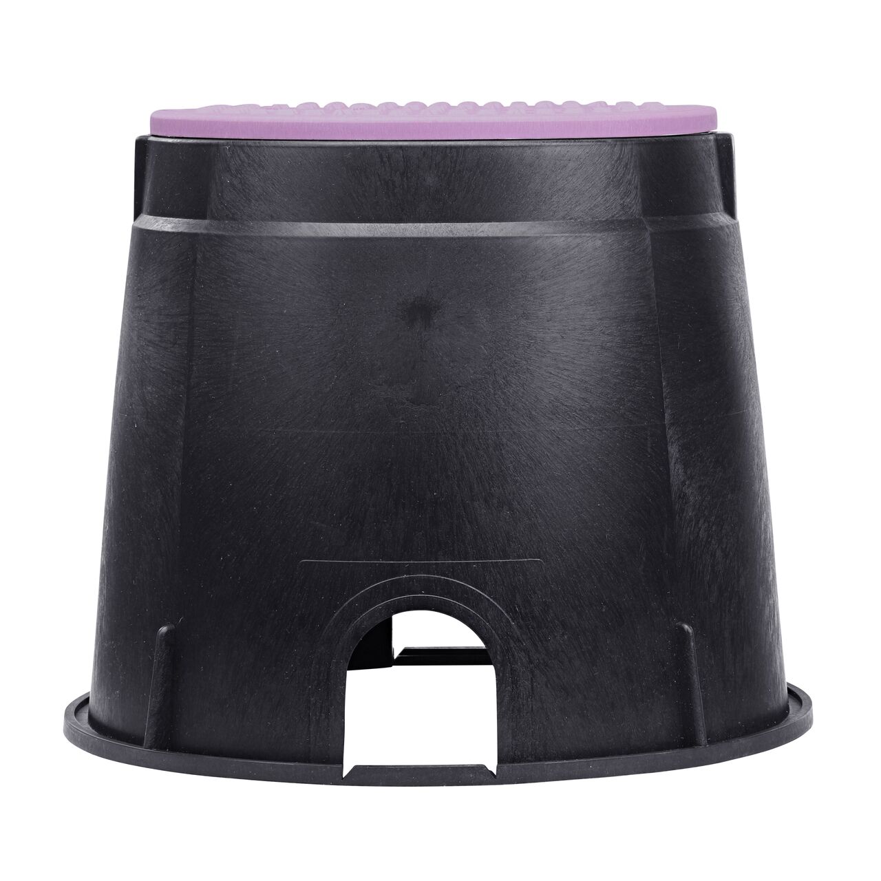 Side view of the pipe hole side of the NDS 10 in. round standard series valve box & purple reclaimed water Cover (NDS 111BCR) rugged enclosure that features a pipe hole for water and irrigation pipe connections
