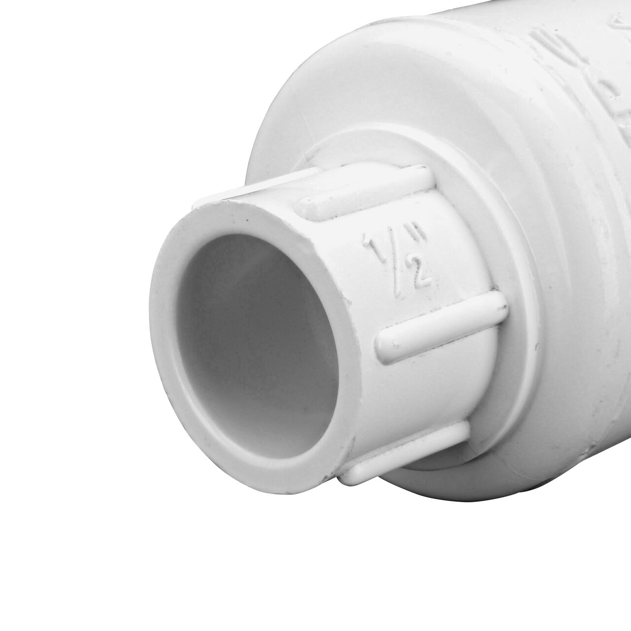 Closeup of outlet end on the NDS White 1/2 in. slip end by slip end PVC Swing Check Valve (NDS 1520-05)
