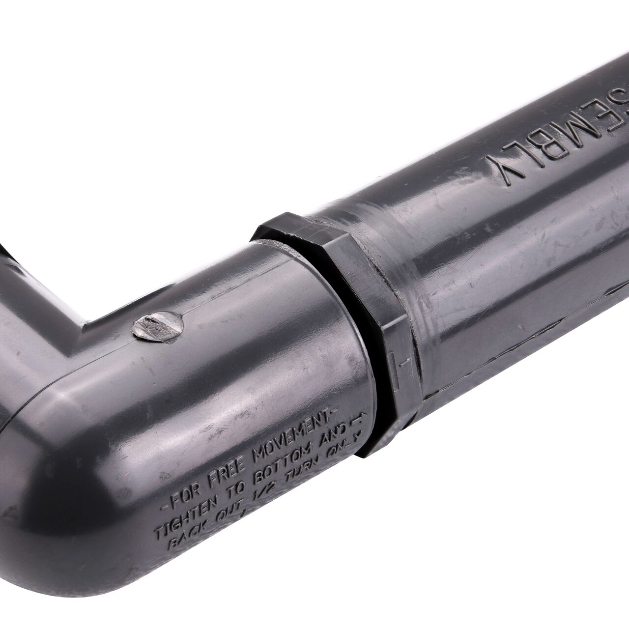 Closeup view of the NDS PVC Triple Swing Joints Assembly, Sch. 80 1 in. spigot X 1 in. MPT shows a rotating elbow that is ideal for placing sprinklers in narrow or uneven areas that the pipeline can’t reach (NDS TSA-1000-ST)