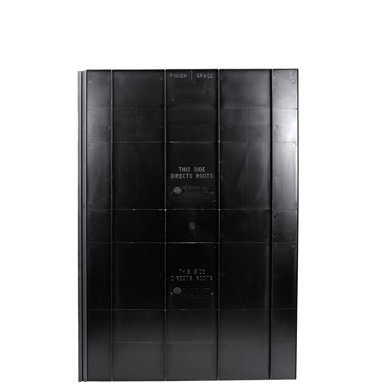 Straight on view of the 12 in. deep NDS Root Barrier Panel (NDS EP-1250) shows protruding ribs spaced 6 inches a part