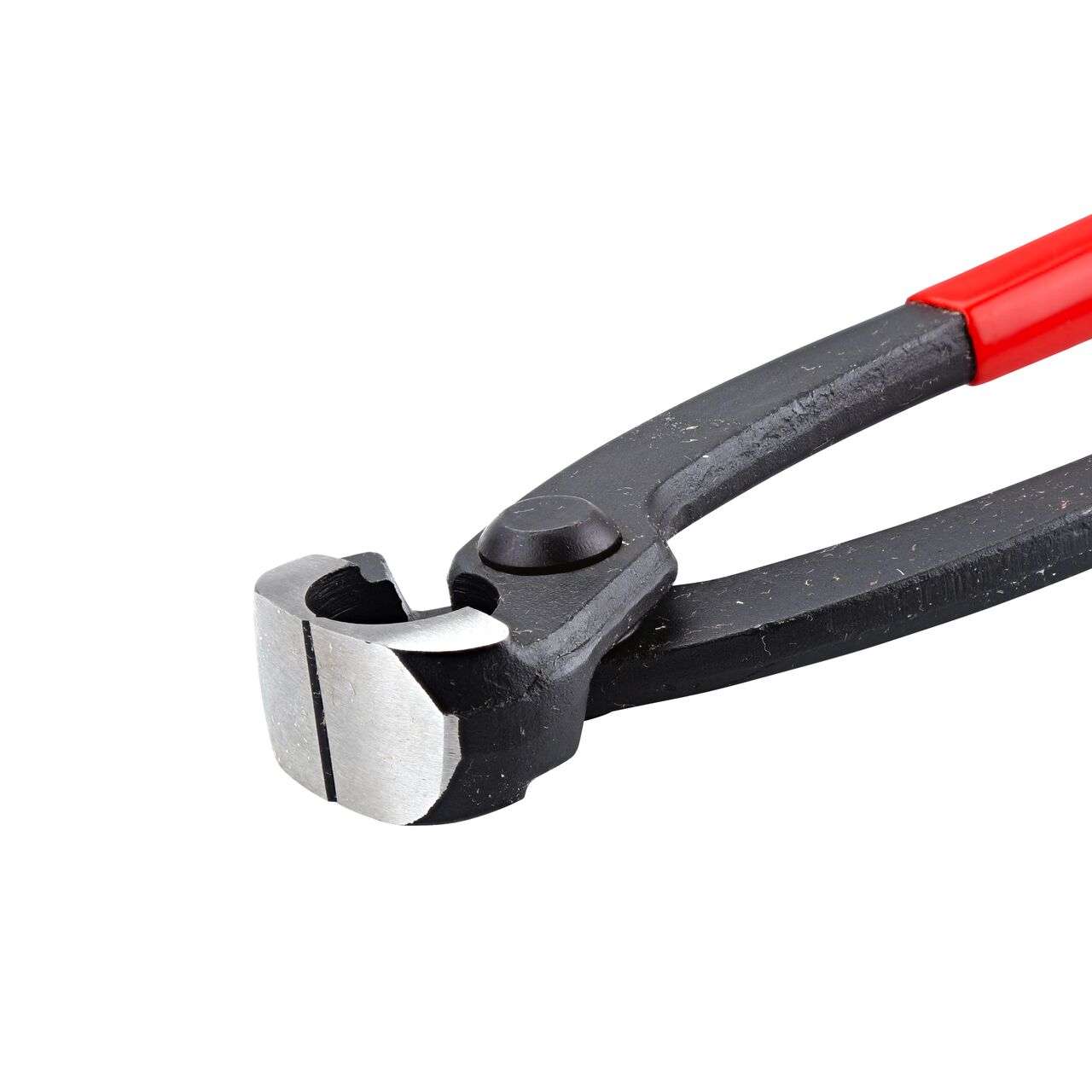 Closeup view of the NDS Jaw Pinch Clamp Tool (NDS NCT-1098) curved metal pincers in the closed position that grasp the clamp ear and compresses when handles are squeezed.