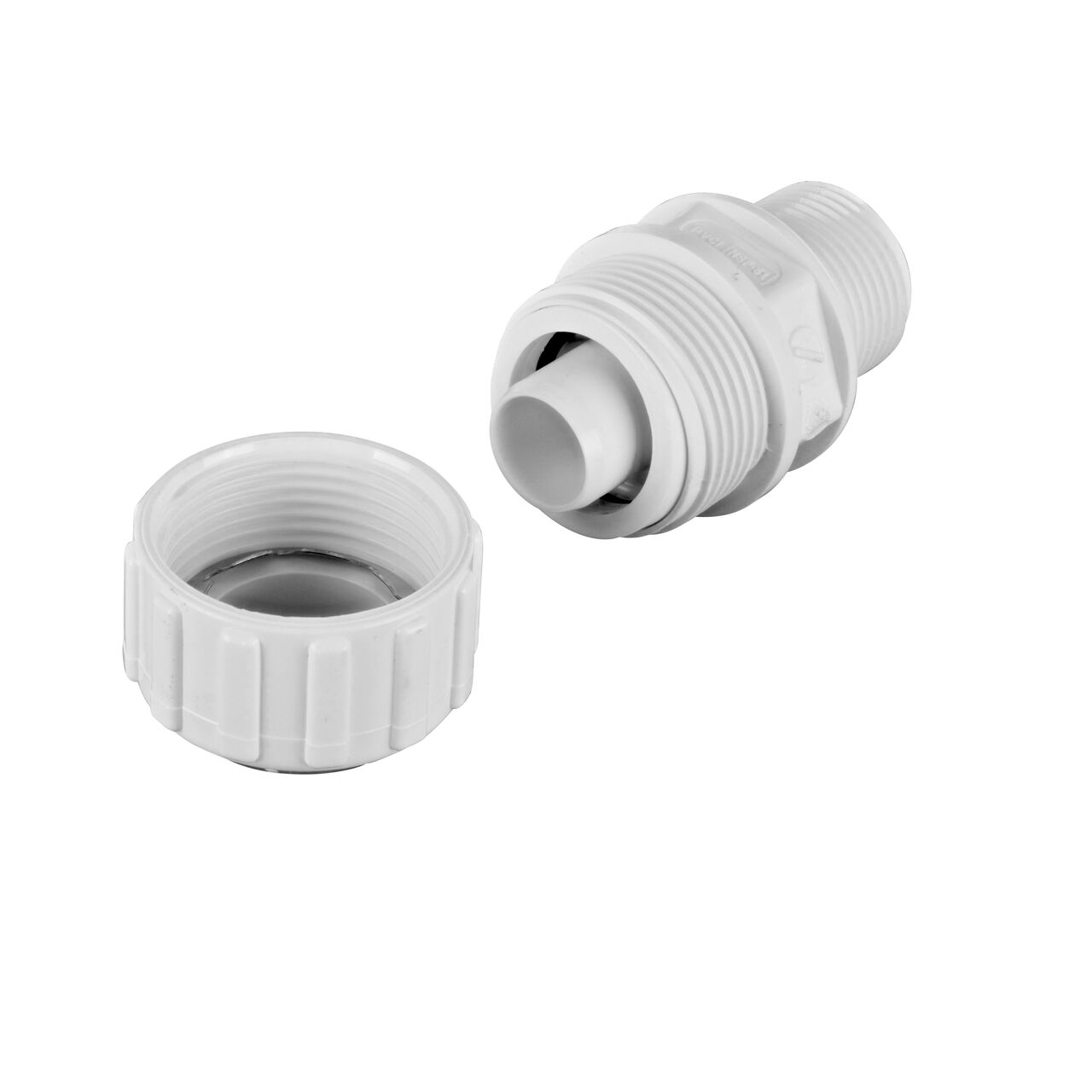 Unassembled NDS 1 in. SDR-9 X 1 in. MPT Flo-Lock™ Gripper Adapter showing where the two ends come apart to secure the adapter to the pipe (NDS 730-10)