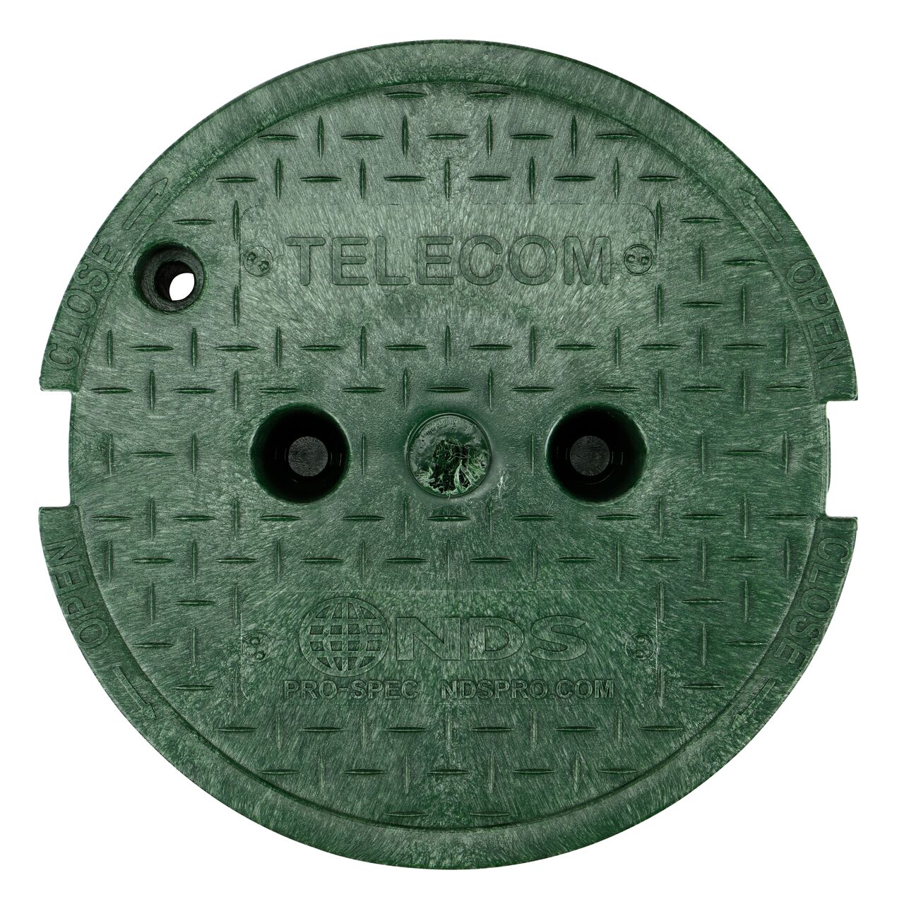 Top down view of the top side of the green telecom cover for the NDS 10 in. Round Pro-Spec Series valve box with finger indentations to twist and remove lid (NDS 311BCBT)