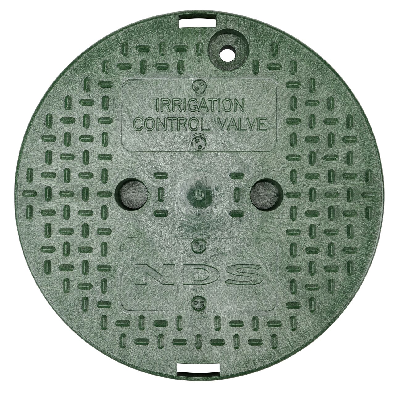 Alternate View of the Green ICV Cover for 10 in. Round Valve Box with finger holes to twist and remove lid (NDS 111BC)