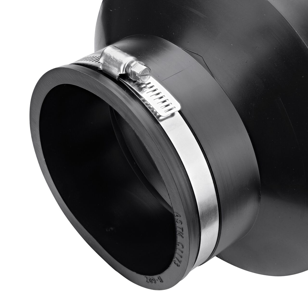 Closeup view of the small end on the NDS flex coupling for 6 in. clay pipe to 4 in. cast iron or plastic pipe (NDS 02-64)