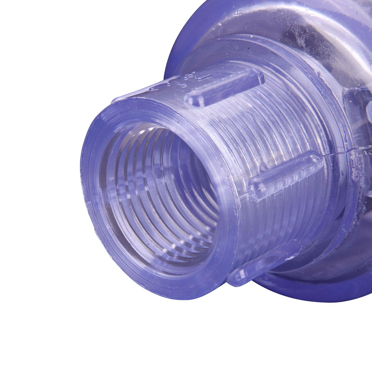 Closeup of the outlet end of the NDS Clear 1/2 in. female end by female end PVC Swing Check Valve (NDS 1520C05F) which prevents backflow in pipelines