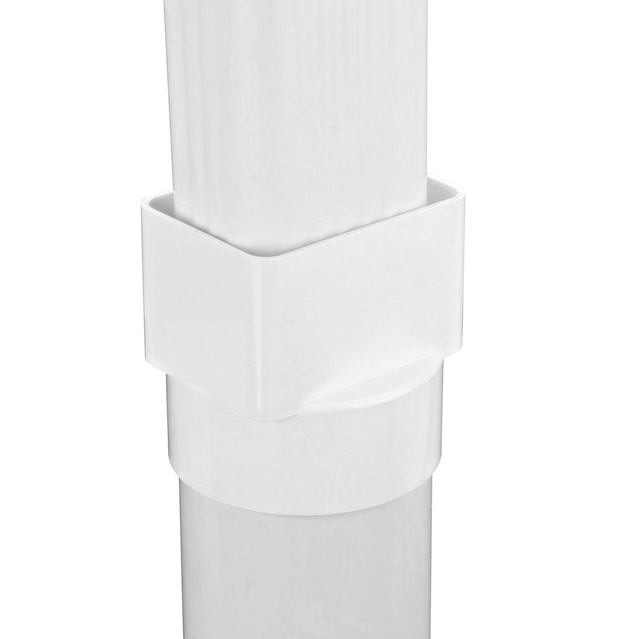 The NDS PVC downspout adapter (NDS 9P07) fits a 2 X 3 in. downspout on top and a 3 in. DWV/Sch. 40 pipe installed on bottom