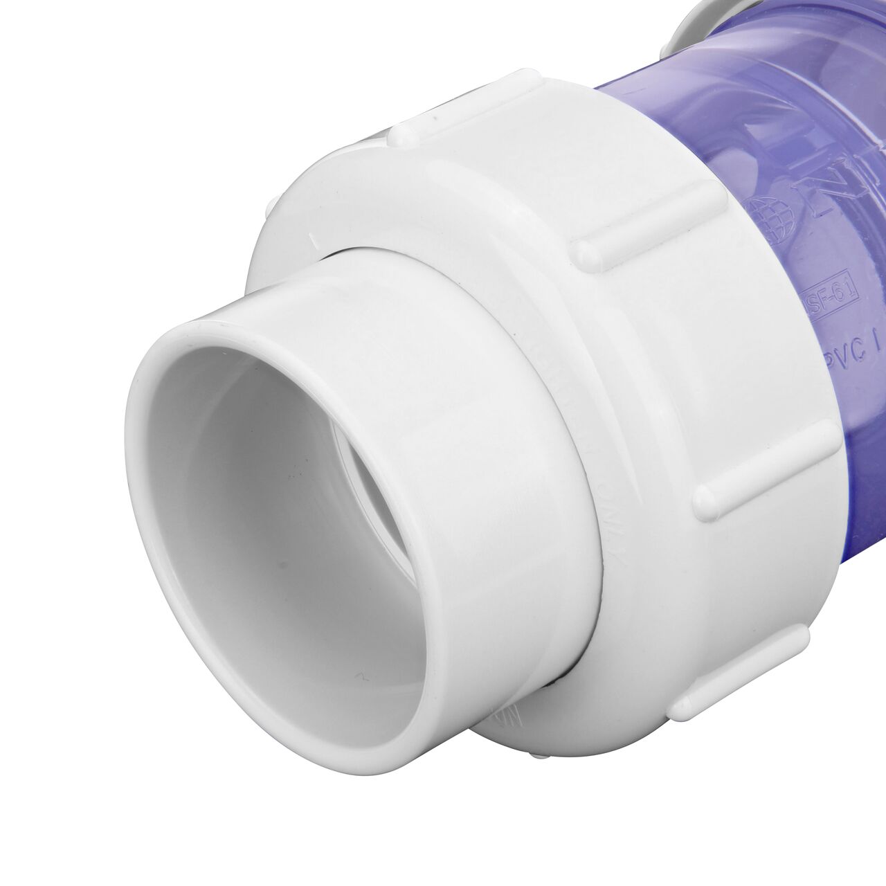 Closeup of one connection end of the NDS 2 in. IPS slip by slip PVC Compact True Union 1/2 lb. Spring Check Valve (NDS 1790C20)