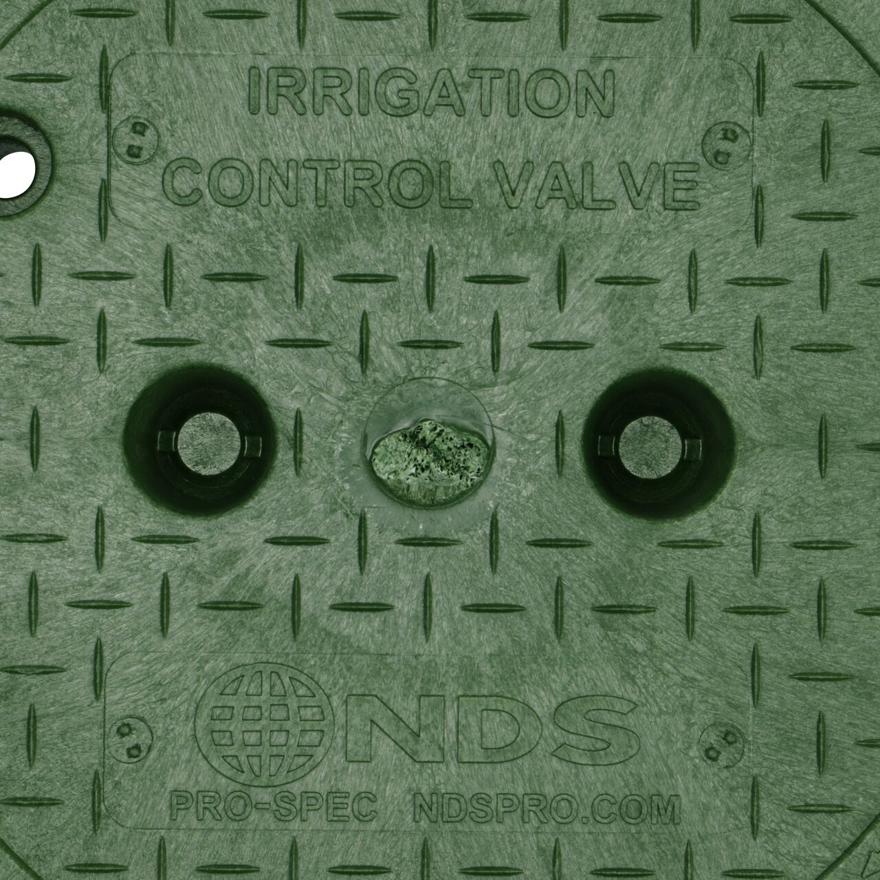 Closeup view of the Irrigation Control Valve markings on the Green cover for the NDS 10 in. Round Pro-Spec® Series Valve Box (NDS 311C)