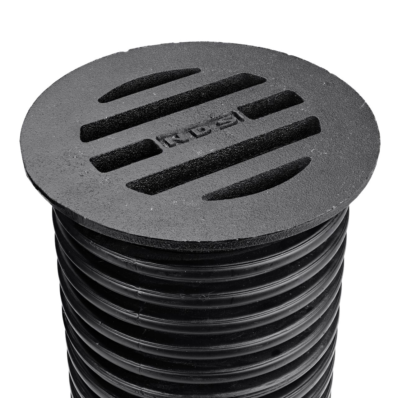 NDS 6 in. Round Duracast™ Ductile Iron Grate (NDS D6) on a 6 in. Corrugated Pipe