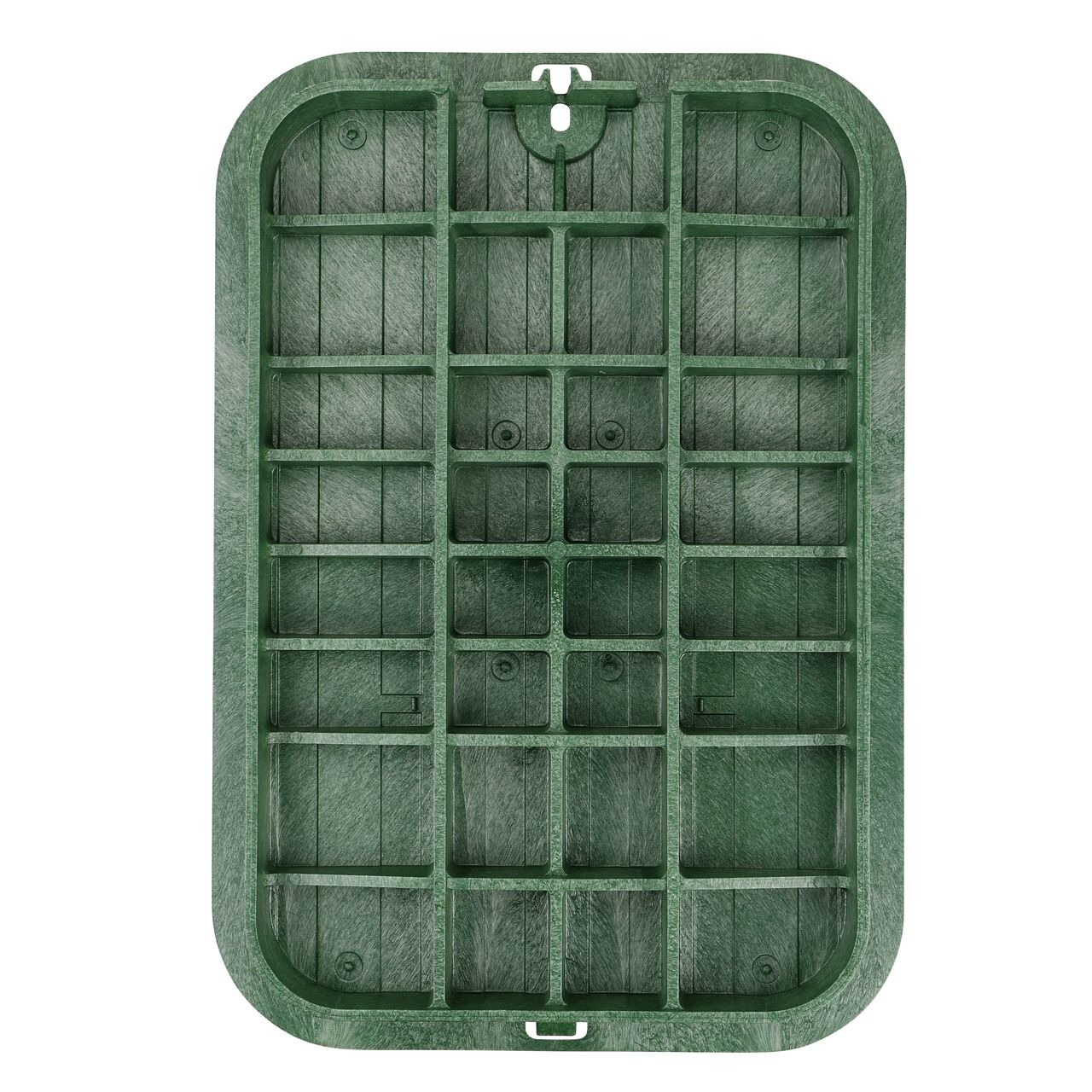 Top down view of the underside of the Green Sewer cover (NDS 317CS) for the NDS 13 in. X 20 in. Rectangular Pro-Spec® Series valve box showing reinforcing ribs that help support pedestrian and lawn care equipment