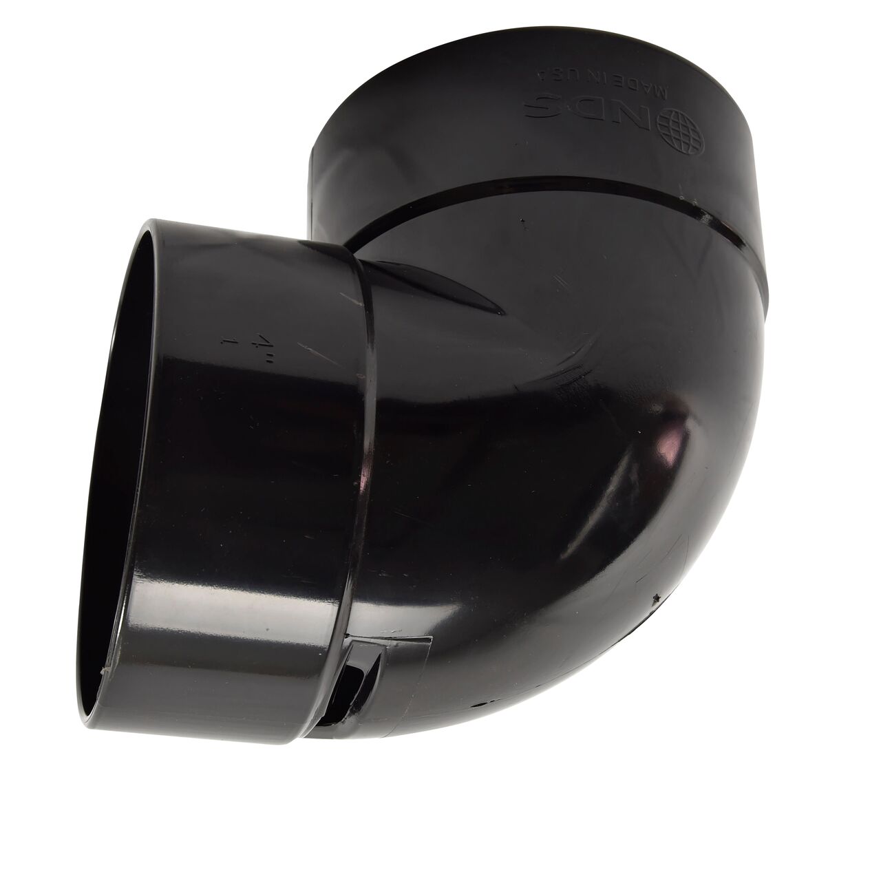 Weep hole in elbow fitting allows leftover water to exit in the Pop-Up Drainage Emitter with Elbow (NDS 322*, NDS 422*, NDS 321, NDS 421); PVC 90° elbow, connects 4 in. Sewer and Drain pipes, Hub X Hub connection