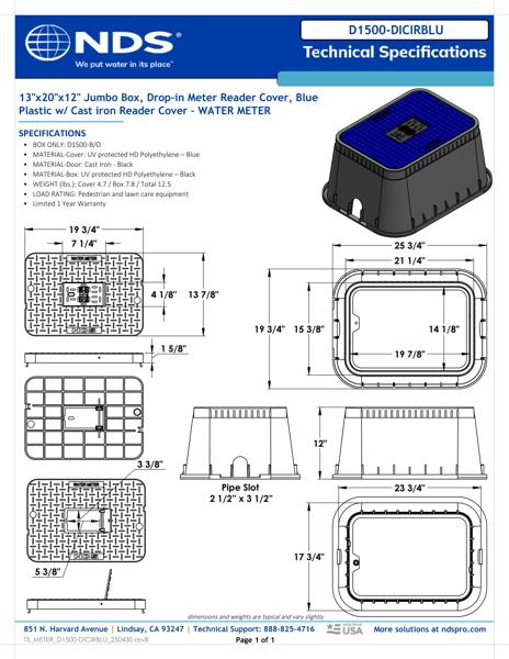 NDS 13 in. X 20 in. Rectangular D1500 Meter Box Drop-in Cover, Blue Water Meter with Cast Iron Reader Tech Spec