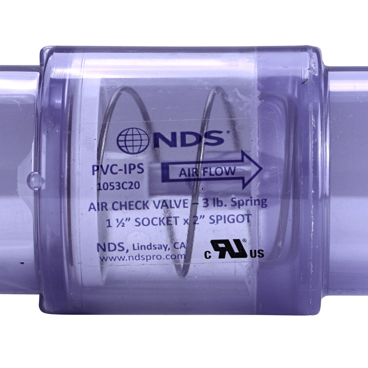 Closeup of the arrow showing water flow on the NDS Clear 1-1/2 in. slip end by 2 in. spigot end PVC Air Check Valve (NDS 1053C20)