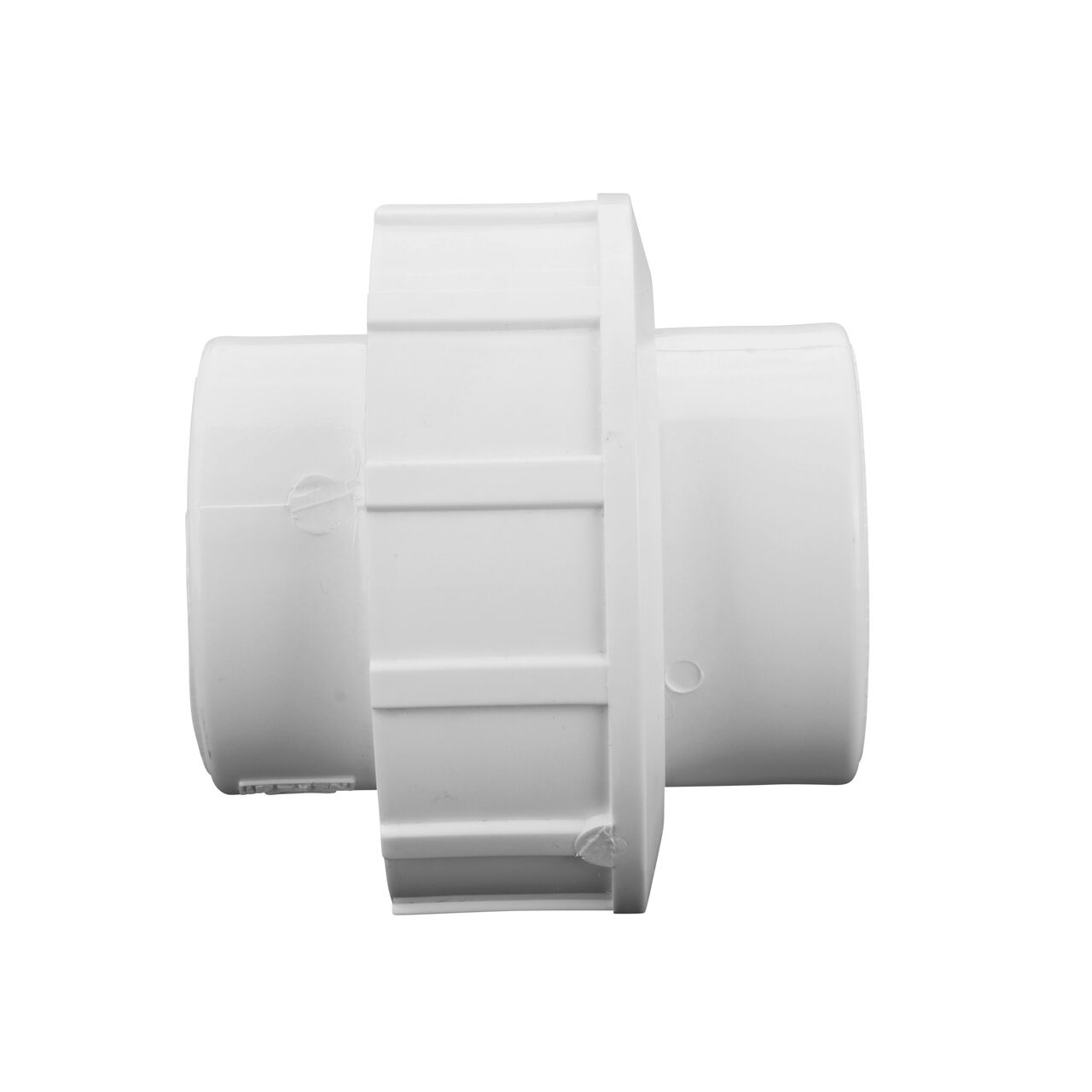 Side view of PVC Union, 1-1/4 in. Sch. 40 S X S showing two slip ends that slide onto Sch. 40 pipe ends (NDS WU-1250-S)