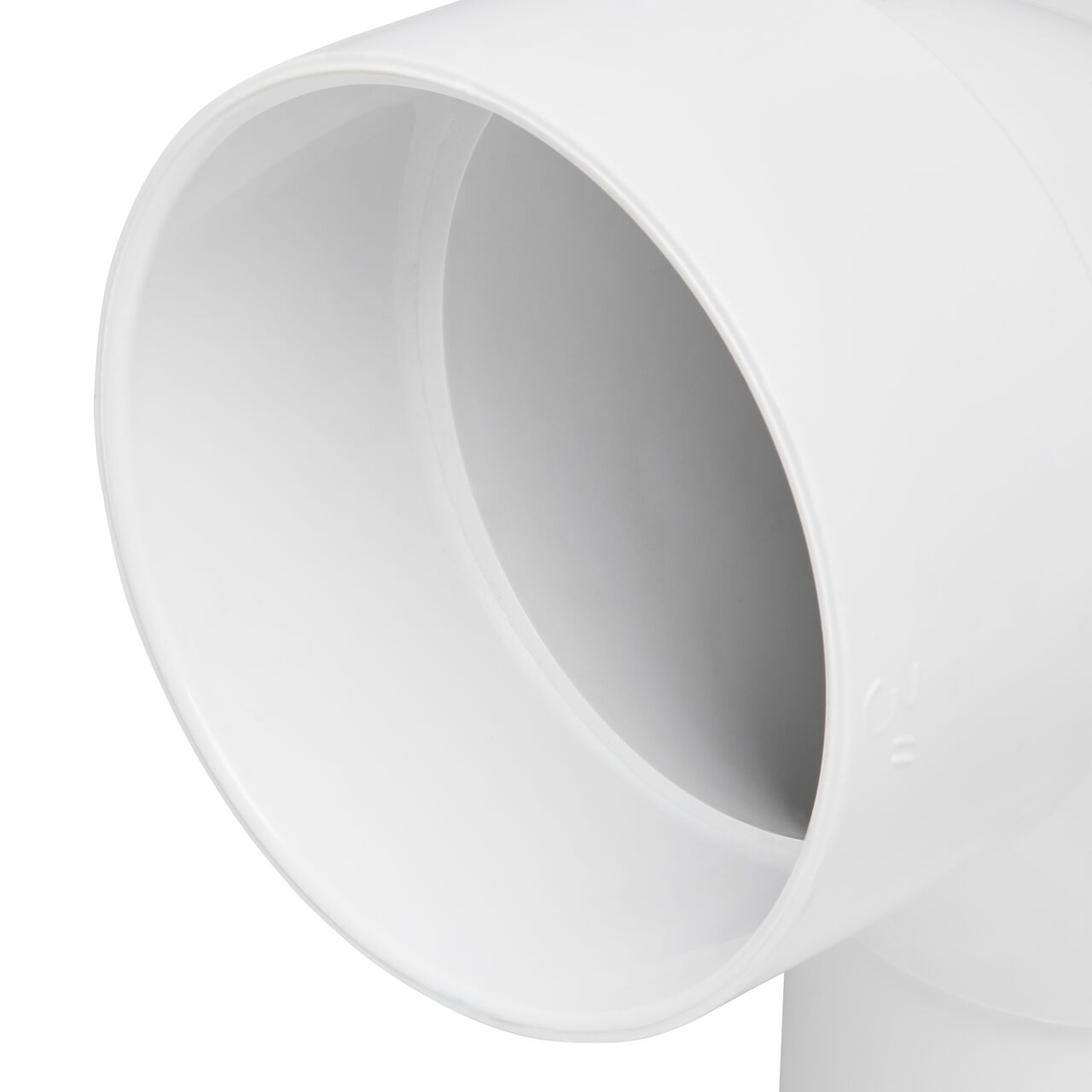 Closeup view of the 3 in. hub connection end on the NDS 3 in. PVC 90° long-turn street elbow with a Hub and Spigot connection for sewer and drain pipes (NDS 31P0ST)