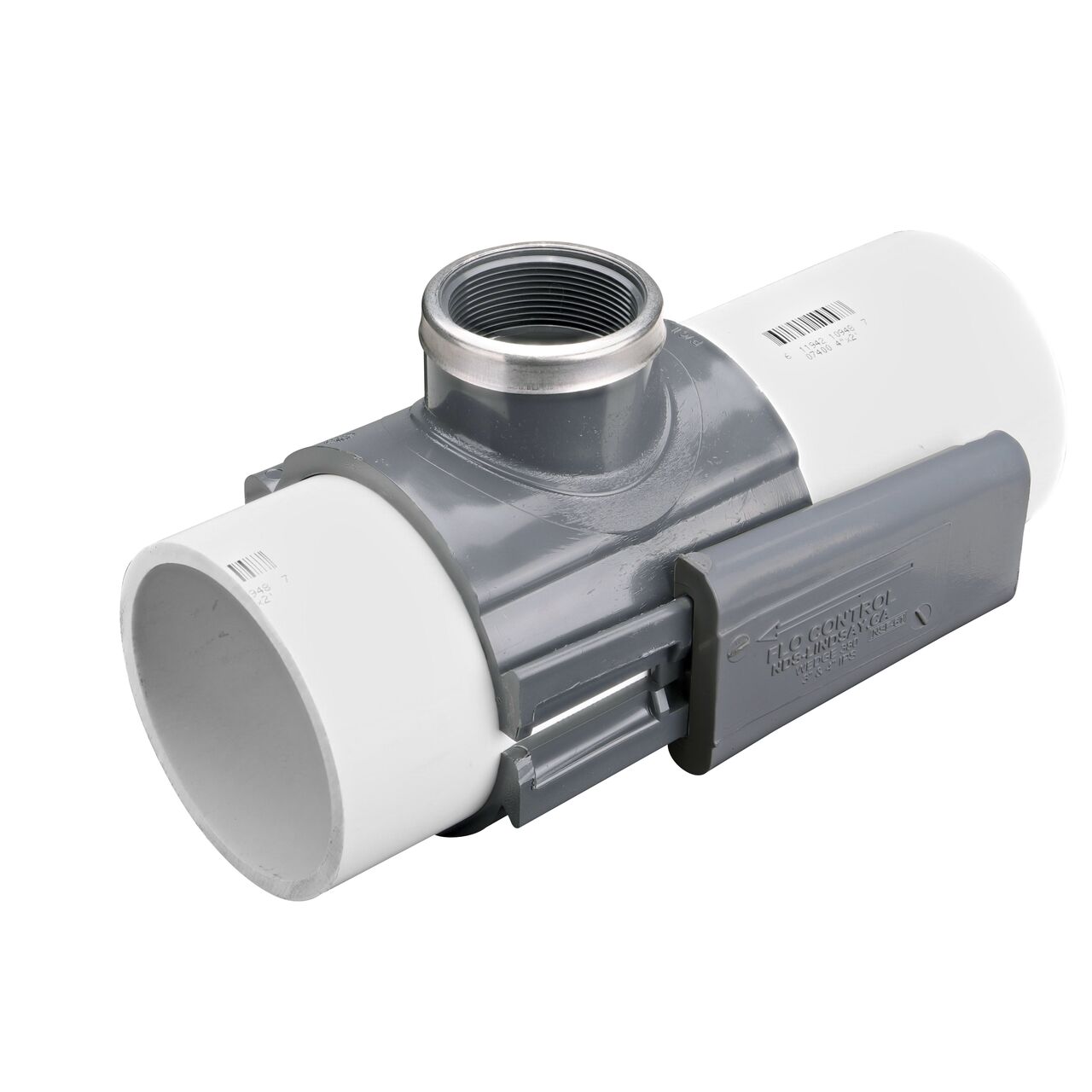 The NDS Clamp-It™ Rigid PVC Saddle with 2 in. FPT connection on top (NDS 444020) installed onto 4 in. PVC pipe with the wedge closure half-way secure