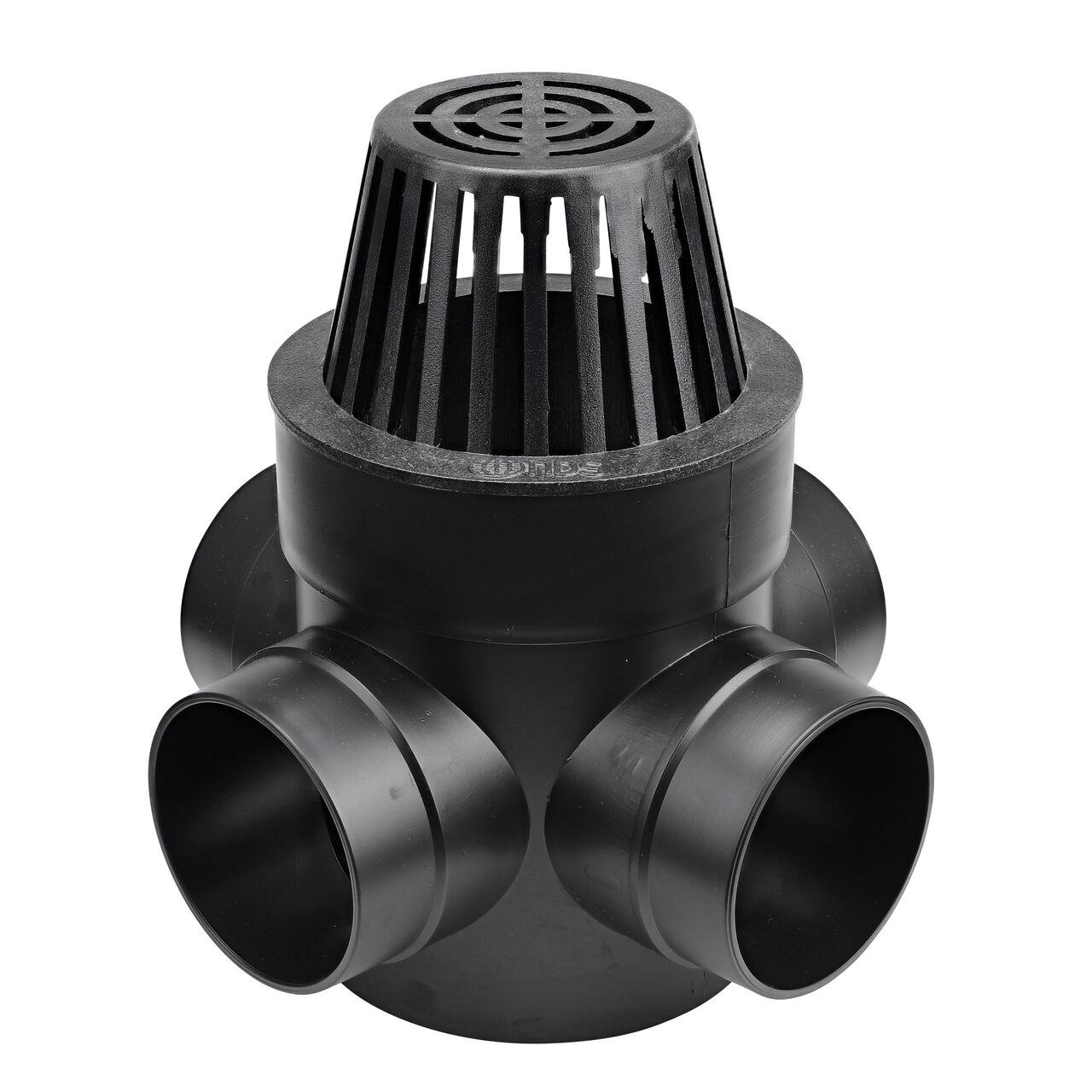 NDS Black Plastic 6 in. Atrum Grate (NDS 90) installed to a triple outlet Spee-D Basin (NDS 205WHS)