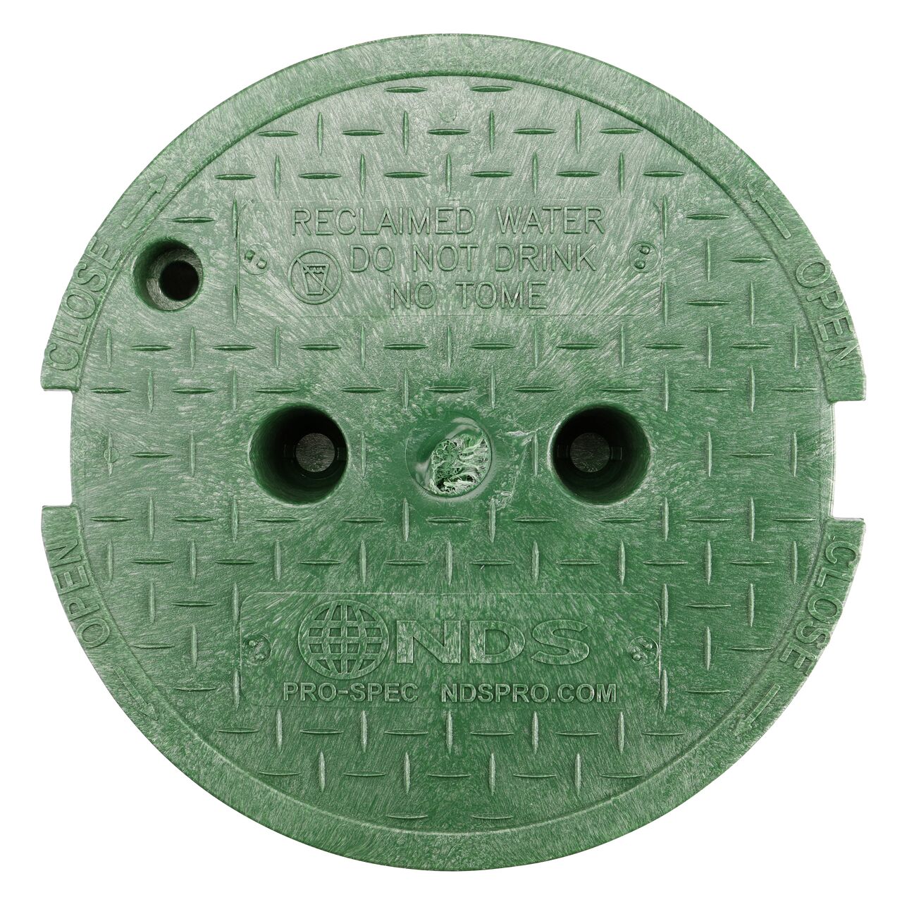 Top down view of the top side of the green Reclaimed Water cover for the NDS 10 in. Round Pro-Spec® Series (NDS 311C) shows markings, two finger slots to twist and remove lid