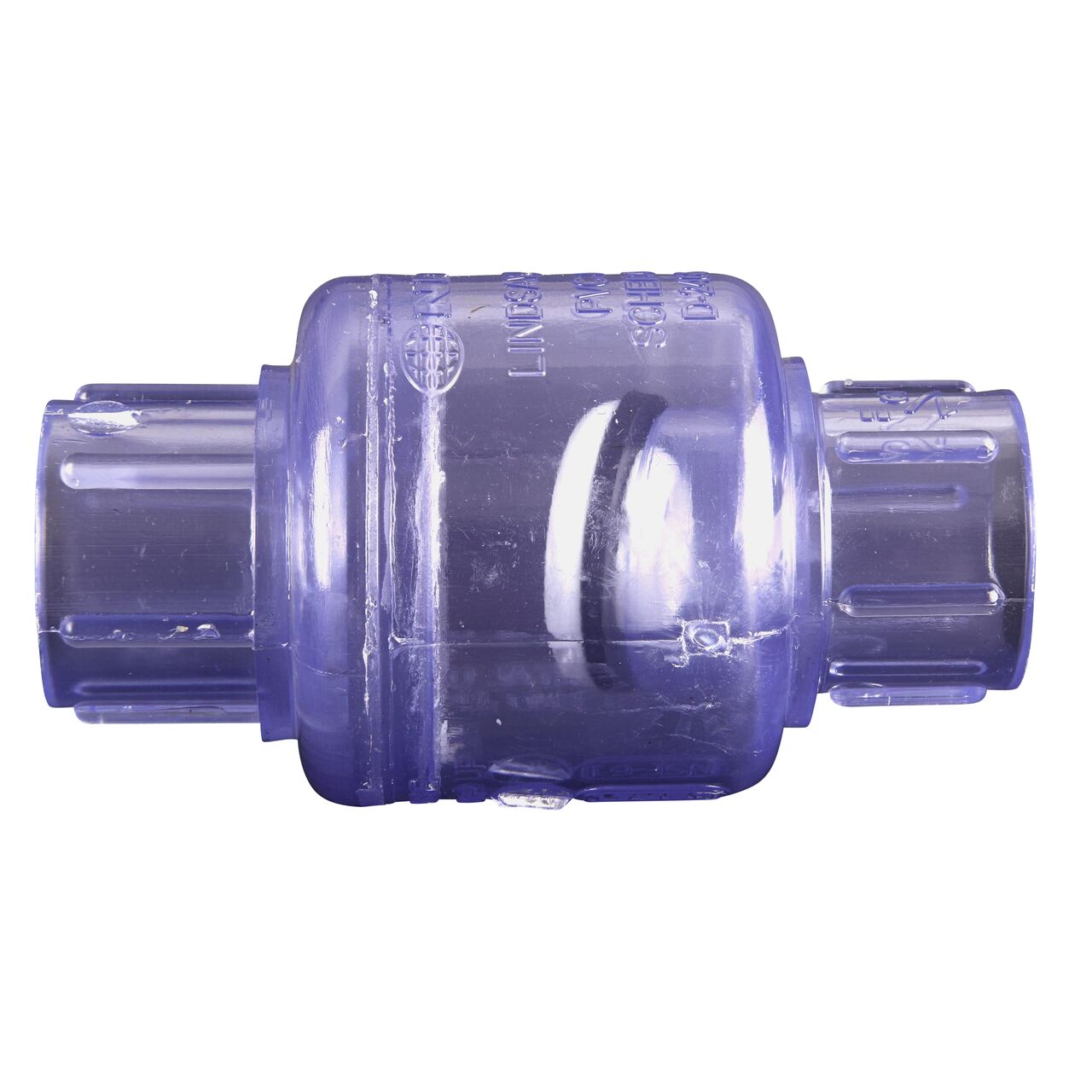 Side to side view of the NDS Clear 1/2 in. slip end by slip end PVC Swing Check Valve (NDS 1520C05) which prevents backflow in pipelines