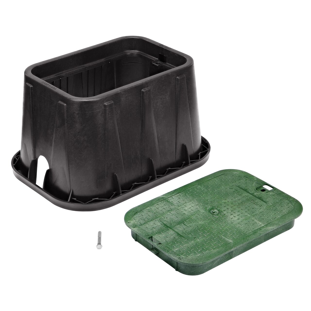 Unassembled View of the NDS 14 in. X 19 in. Rectangular Pro-Spec Series Black Box and Green Telecom Bolt-down Cover (NDS 313BCBT) which includes a bolt for securing the lid in place.