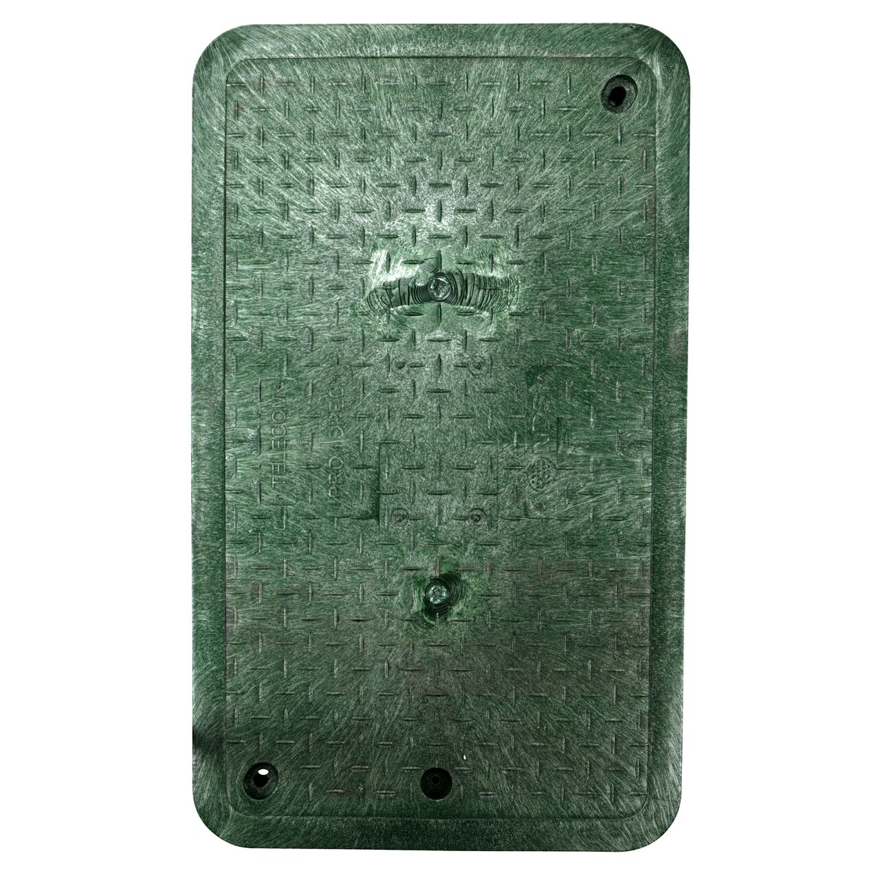 Top down view of the top side of the green telecom cover for the NDS 17 in. X 30 in. Rectangular Pro-Spec Series (NDS 326BCBT-BG) shows markings, two bolt holes, and one finger indentation to help lift and remove lid