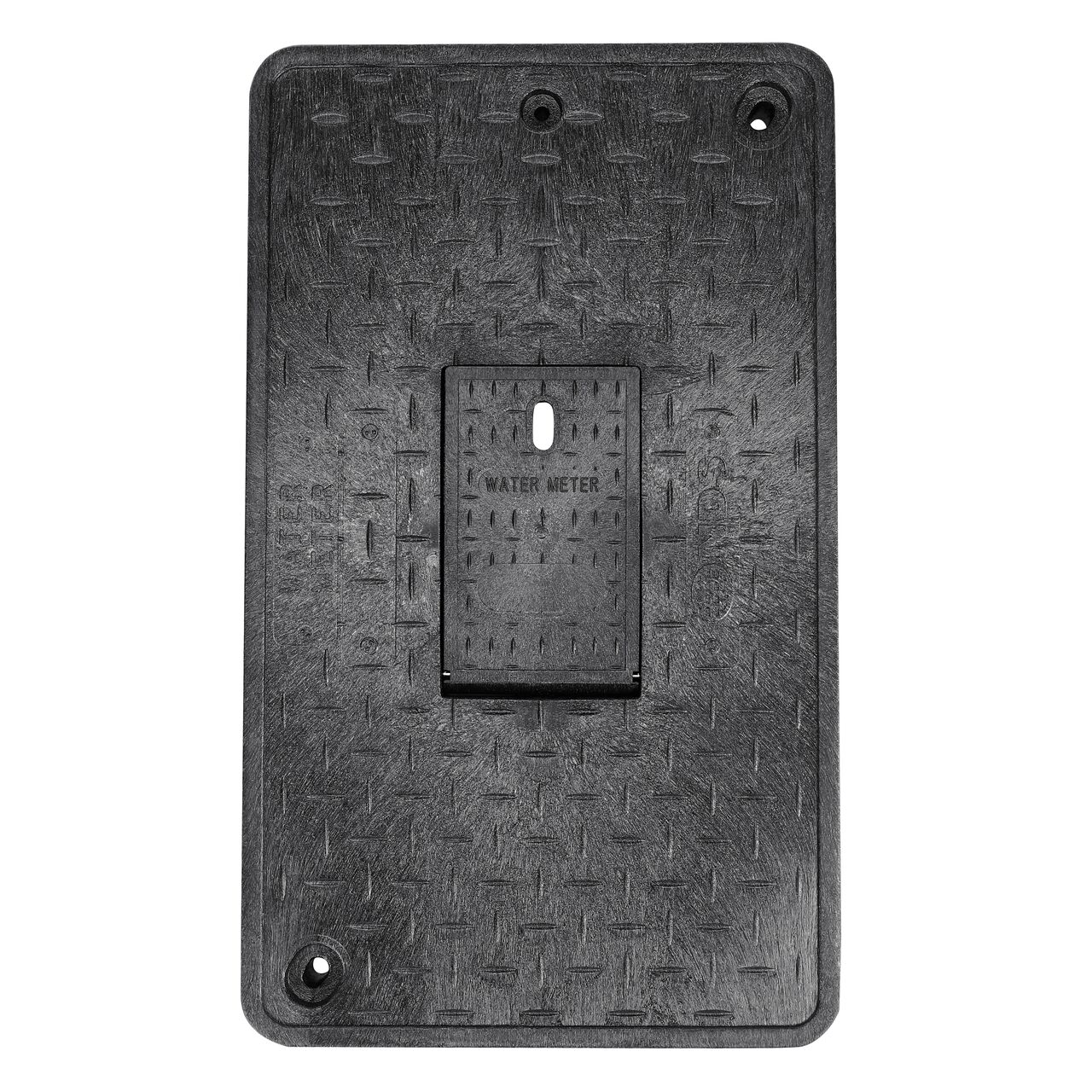 Top down view of the top side of the Black Water Meter cover for the NDS 13 in. X 24 in. Rectangular Standard Series Meter Box (NDS 121BCDMB) showing the Black Water Meter markings and Plastic reader door with Bolt
